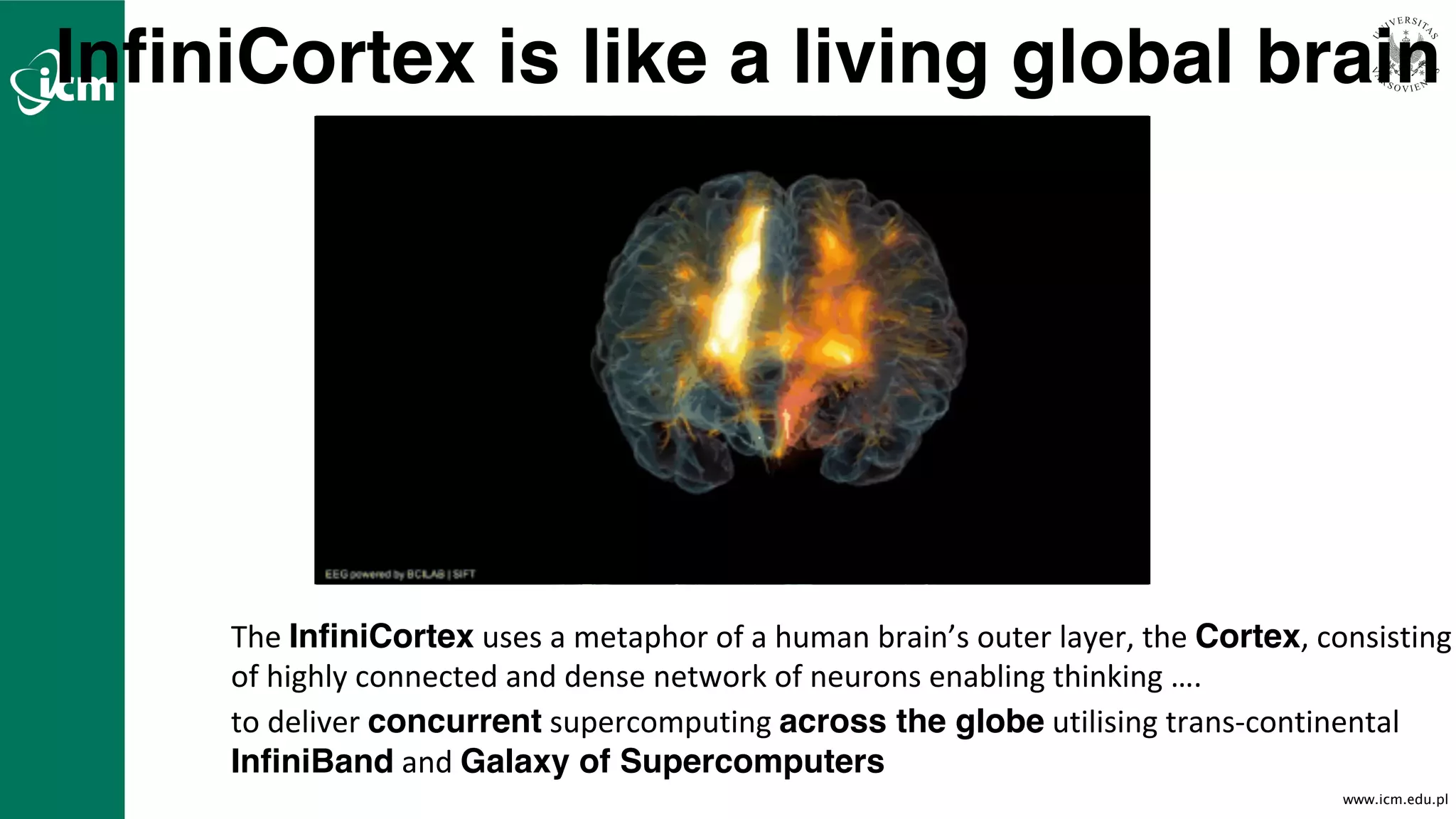 www.icm.edu.pl
The	InfiniCortex uses	a	metaphor	of	a	human	brain’s	outer	layer,	the	Cortex,	consisting	
of	highly	connected	and	dense	network	of	neurons	enabling	thinking	….	
to	deliver	concurrent supercomputing	across the globe utilising	trans-continental	
InfiniBand and	Galaxy of Supercomputers
InfiniCortex is like a living global brain
 