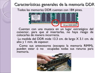 Todos las memorias DDR cuentan con 184 pines. Cuentan con una muesca en un lugar estratégico del conector, para que al insertarlas, no haya riesgo de colocarlas de manera incorrecta. La medida del DDR mide 13.3 cm. de largo X 3.1 cm. de alto y 1 mm. de espesor. Como sus antecesores (excepto la memoria RIMM), pueden estar ó no  ocupadas todas sus ranuras para memoria. Características generales de la memoria DDR 