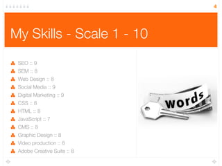 4




My Skills - Scale 1 - 10
 SEO :: 9
 SEM :: 8
 Web Design :: 8
 Social Media :: 9
 Digital Marketing :: 9
 CSS :: 8
 HTML :: 8
 JavaScript :: 7
 CMS :: 8
 Graphic Design :: 8
 Video production :: 8
 Adobe Creative Suite :: 8
 
