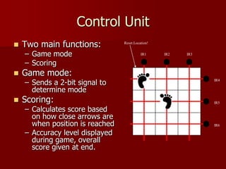 Control Unit
 Two main functions:
– Game mode
– Scoring
 Game mode:
– Sends a 2-bit signal to
determine mode
 Scoring:
– Calculates score based
on how close arrows are
when position is reached
– Accuracy level displayed
during game, overall
score given at end.
Reset Location!
IR1 IR2 IR3
IR4
IR5
IR6
 