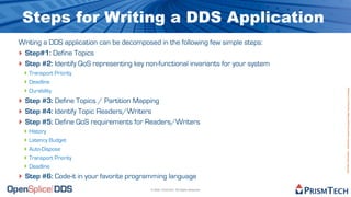 Steps for Writing a DDS Application
Writing a DDS application can be decomposed in the following few simple steps:
‣ Step#1: Define Topics
‣ Step #2: Identify QoS representing key non-functional invariants for your system
 ‣ Transport Priority
 ‣ Deadline
 ‣ Durability




                                                                                     Proprietary Information - Distribution without Expressed Written Permission is Prohibited.
‣ Step #3: Define Topics / Partition Mapping
‣ Step #4: Identify Topic Readers/Writers
‣ Step #5: Define QoS requirements for Readers/Writers
 ‣ History
 ‣ Latency Budget
 ‣ Auto-Dispose
 ‣ Transport Priority
 ‣ Deadline
‣ Step #6: Code-it in your favorite programming language
                                           © 2009, PrismTech. All Rights Reserved
 