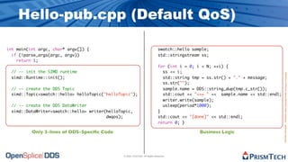 Hello-pub.cpp (Default QoS)

int main(int argc, char* argv[]) {                                             swatch::hello sample;
  if (!parse_args(argc, argv))                                                 std::stringstream ss;
    return 1;
                                                                               for (int i = 0; i < N; ++i) {
 // -- init the SIMD runtime                                                     ss << i;




                                                                                                                                    Proprietary Information - Distribution without Expressed Written Permission is Prohibited.
 simd::Runtime::init();                                                          std::string tmp = ss.str() + "." + message;
                                                                                 ss.str("");
 // -- create the DDS Topic                                                      sample.name = DDS::string_dup(tmp.c_str());
 simd::Topic<swatch::hello> helloTopic("helloTopic");                            std::cout << "<<= " << sample.name << std::endl;
                                                                                 writer.write(sample);
 // -- create the DDS DataWriter                                                 usleep(period*1000);
 simd::DataWriter<swatch::hello> writer(helloTopic,                            }
                                        dwqos);                                std::cout << "[done]" << std::endl;
                                                                               return 0; }

          Only 3-lines of DDS-Speciﬁc Code                                                      Business Logic



                                               © 2009, PrismTech. All Rights Reserved
 