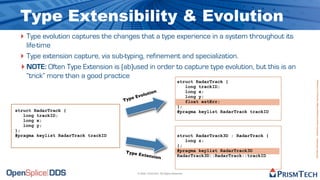 Type Extensibility & Evolution
 ‣ Type evolution captures the changes that a type experience in a system throughout its
   life-time
 ‣ Type extension capture, via sub-typing, refinement and specialization.
 ‣ NOTE: Often Type Extension is (ab)used in order to capture type evolution, but this is an
   “trick” more than a good practice
                                                                            struct RadarTrack {




                                                                                                                 Proprietary Information - Distribution without Expressed Written Permission is Prohibited.
                                                                               long trackID;
                                                t    ion                       long x;
                                        eE volu                                long y;
                                     Typ                                       float estErr;
                                                                            };
struct RadarTrack {                                                         #pragma keylist RadarTrack trackID
   long trackID;
   long x;
   long y;
};
#pragma keylist RadarTrack trackID                                          struct RadarTrack3D : RadarTrack {
                                                                               long z;
                                                                            };
                                     Type E                                 #pragma keylist RadarTrack3D
                                            xtensi                          RadarTrack3D::RadarTrack::trackID
                                                   o        n


                                           © 2009, PrismTech. All Rights Reserved
 