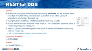 RESTful DDS
Context
‣ REST is becoming the dominant way of accessing resources via the internet and a
  new style of implementing Web Services, supported by the latest Web2.0
  applications, e.g. Twitter, Blogspot, etc.
‣ REST provides basic CRUD functionalities that nicely map to DDS
‣ REST’s resource-based approach nicely maps to DDS Data-based approach, since a




                                                                                      Proprietary Information - Distribution without Expressed Written Permission is Prohibited.
  Topic nicely maps into a resource
‣ A RESTful access to the DDS global data space is natural and enables to naturally
  address Topics, e.g.:
 ‣ http://buket.mywww.com/system/domain/partition/topic/
Upcoming Standard
‣ RESTful DDS
Status
‣ Initial RFP Drafting
                                             © 2009, PrismTech. All Rights Reserved
 