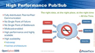 High Performance Pub/Sub
                                    The right data, at the right place, at the right time
‣ Fully distributed, Peer-to-Peer                                          -- All the Time.
  Communication
‣ No Single Point of Failure                  Publisher
                                                                                         Subscriber


‣ No Single Point of Bottleneck




                                                                                                        Proprietary Information - Distribution without Expressed Written Permission is Prohibited.
‣ Multicast-enabled                                                          Brokers       Subscriber
‣ High performance and highly                Publisher


  scalable
‣ High availability                           Publisher
 ‣hot-swap
                                                                                       Subscriber



 ‣hot-hot architecture
                                    © 2009, PrismTech. All Rights Reserved
 