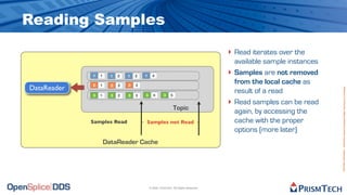 Reading Samples
                                                                                    ‣ Read iterates over the
                                                                                        available sample instances
             1   1     1   2   1   3   1     4
                                                                                    ‣   Samples are not removed
             2   1     2   2   2   3
                                                                                        from the local cache as
DataReader




                                                                                                                     Proprietary Information - Distribution without Expressed Written Permission is Prohibited.
             3   1     3   2   3   3   3      4       3    5
                                                                                        result of a read
                                                                                    ‣   Read samples can be read
                                                               Topic
                                                                                        again, by accessing the
             Samples Read              Samples not Read                                 cache with the proper
                                                                                        options (more later)
                     DataReader Cache




                                           © 2009, PrismTech. All Rights Reserved
 