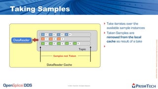 Taking Samples
                                                                                    ‣ Take iterates over the
                                                                                        available sample instances
             1   1     1   2   1   3   1     4
                                                                                    ‣   Taken Samples are
             2   1     2   2   2   3
                                                                                        removed from the local
DataReader




                                                                                                                     Proprietary Information - Distribution without Expressed Written Permission is Prohibited.
                                       3      4       3    5
                                                                                        cache as result of a take
             3   1     3   2   3   3
                                                                                    ‣
                                                               Topic

                           Samples not Taken


                     DataReader Cache




                                           © 2009, PrismTech. All Rights Reserved
 