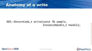 Anatomy of a write



DDS::ReturnCode_t write(const T& sample,




                                                              Proprietary Information - Distribution without Expressed Written Permission is Prohibited.
                        InstanceHandle_t handle);




                     © 2009, PrismTech. All Rights Reserved
 