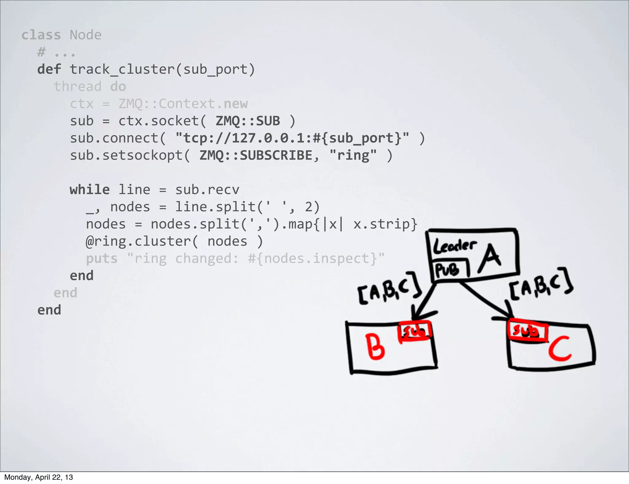 class	
  Node
    	
  	
  #	
  ...
    	
  	
  def	
  track_cluster(sub_port)
    	
  	
  	
  	
  thread	
  do
    	
  	
  	
  	
  	
  	
  ctx	
  =	
  ZMQ::Context.new
    	
  	
  	
  	
  	
  	
  sub	
  =	
  ctx.socket(	
  ZMQ::SUB	
  )
    	
  	
  	
  	
  	
  	
  sub.connect(	
  "tcp://127.0.0.1:#{sub_port}"	
  )
    	
  	
  	
  	
  	
  	
  sub.setsockopt(	
  ZMQ::SUBSCRIBE,	
  "ring"	
  )
    	
  	
  	
  	
  	
  	
  
    	
  	
  	
  	
  	
  	
  while	
  line	
  =	
  sub.recv
    	
  	
  	
  	
  	
  	
  	
  	
  _,	
  nodes	
  =	
  line.split('	
  ',	
  2)
    	
  	
  	
  	
  	
  	
  	
  	
  nodes	
  =	
  nodes.split(',').map{|x|	
  x.strip}
    	
  	
  	
  	
  	
  	
  	
  	
  @ring.cluster(	
  nodes	
  )
    	
  	
  	
  	
  	
  	
  	
  	
  puts	
  "ring	
  changed:	
  #{nodes.inspect}"
    	
  	
  	
  	
  	
  	
  end
    	
  	
  	
  	
  end
    	
  	
  end




Monday, April 22, 13
 