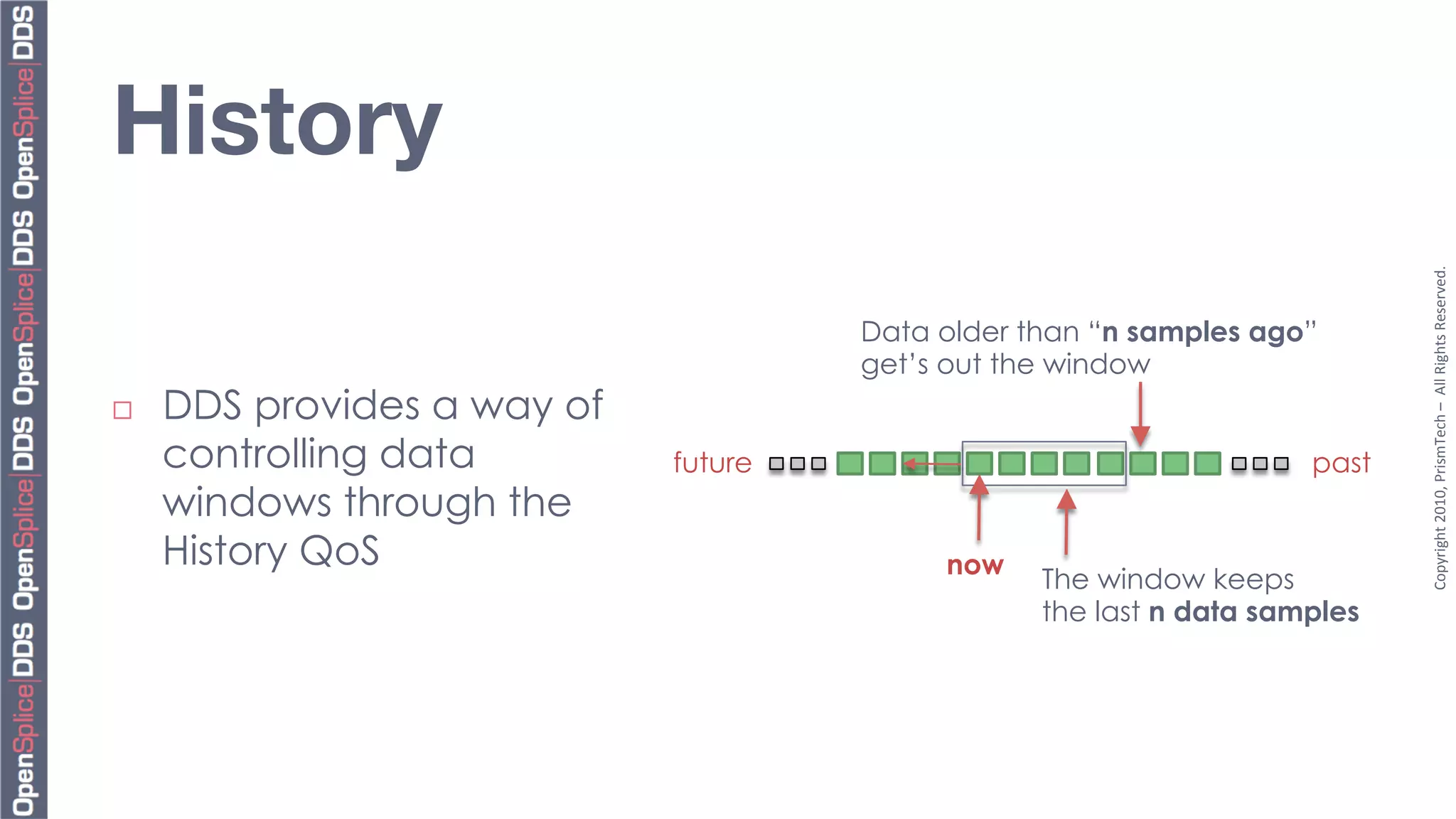 History




                                                                             Copyright	
  2010,	
  PrismTech	
  –	
  	
  All	
  Rights	
  Reserved.	
  
                                       Data older than “n samples ago”
                                       get’s out the window
¨    DDS provides a way of
      controlling data        future                                  past
      windows through the
      History QoS                           now
                                                   The window keeps
                                                   the last n data samples
 