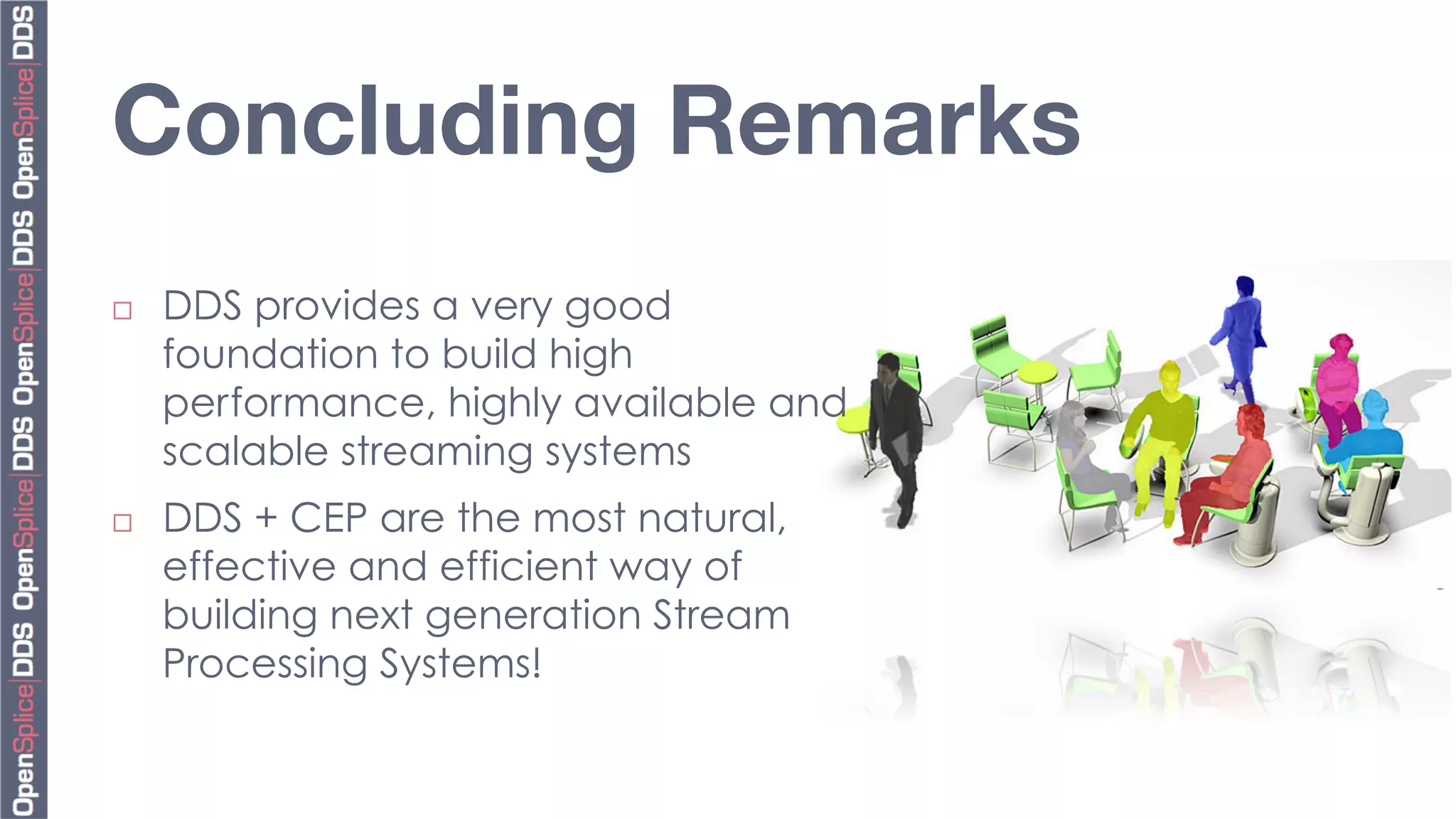 Concluding Remarks




                                          Copyright	
  2010,	
  PrismTech	
  –	
  	
  All	
  Rights	
  Reserved.	
  
¨    DDS provides a very good
      foundation to build high
      performance, highly available and
      scalable streaming systems
¨    DDS + CEP are the most natural,
      effective and efficient way of
      building next generation Stream
      Processing Systems!
 