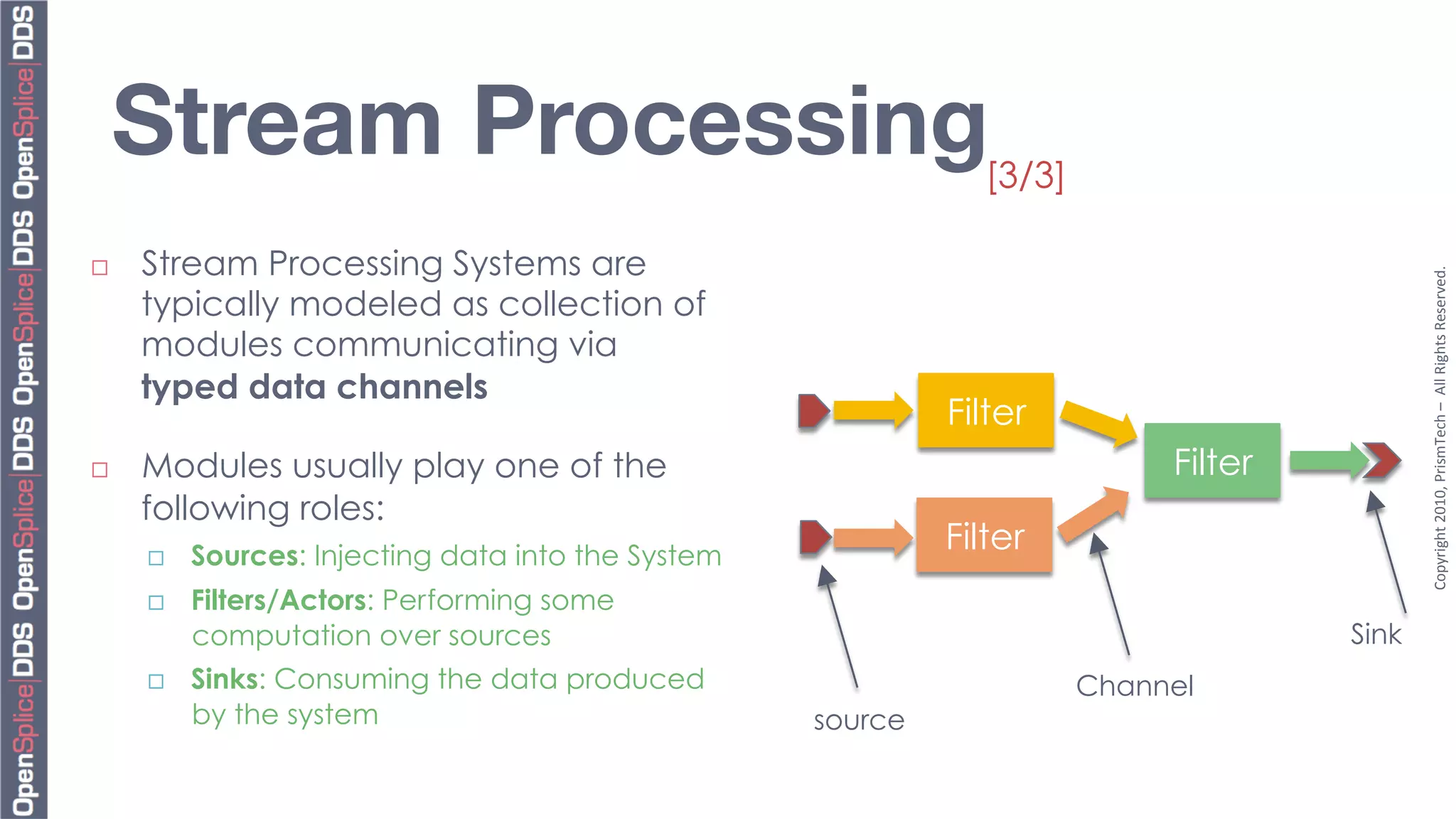 Stream Processing
                                              [3/3]

¨    Stream Processing Systems are




                                                                                               Copyright	
  2010,	
  PrismTech	
  –	
  	
  All	
  Rights	
  Reserved.	
  
      typically modeled as collection of
      modules communicating via
      typed data channels
                                                               Filter
¨    Modules usually play one of the                                          Filter
      following roles:
      ¨    Sources: Injecting data into the System
                                                               Filter
      ¨    Filters/Actors: Performing some
            computation over sources                                                    Sink
      ¨    Sinks: Consuming the data produced                            Channel
            by the system                             source
 