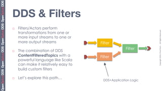 DDS & Filters
¨    Filters/Actors perform




                                                                 Copyright	
  2010,	
  PrismTech	
  –	
  	
  All	
  Rights	
  Reserved.	
  
      transformations from one or
      more input streams to one or
      more output streams              Filter
                                                      Filter
¨    The combination of DDS
      ContentFilteredTopics with a     Filter
      powerful language like Scala
      can make it relatively easy to
      build custom filters

¨    Let’s explore this path…
                                         DDS+Application Logic
 