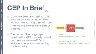 CEP In Brief
                    [1/2]

¨    Complex Event Processing (CEP)




                                                                                  Copyright	
  2010,	
  PrismTech	
  –	
  	
  All	
  Rights	
  Reserved.	
  
      engines provide a declarative
      way of transforming a set of input
      streams into one or more output
      streams                                             CEP

¨    The declarative language             -    select *
                                                from TempSensor(temp < 30)
      provided by CEP is usually based
      on some extension of SQL to          -    select avg(temp)
      include time, pattern matching            from TempSensor.win:time(1 sec)
      and causality
 