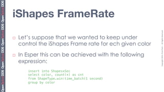 iShapes FrameRate




                                                           Copyright	
  2010,	
  PrismTech	
  –	
  	
  All	
  Rights	
  Reserved.	
  
¨    Let’s suppose that we wanted to keep under
      control the iShapes Frame rate for ech given color

¨    In Esper this can be achieved with the following
      expression:
         insert into ShapesxSec !
         select color, count(*) as cnt !
         from ShapeType.win:time_batch(1 second) !
         group by color!
 