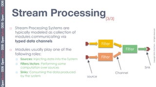 Stream Processing
                                              [3/3]

¨    Stream Processing Systems are




                                                                                               Copyright	
  2010,	
  PrismTech	
  –	
  	
  All	
  Rights	
  Reserved.	
  
      typically modeled as collection of
      modules communicating via
      typed data channels
                                                               Filter
¨    Modules usually play one of the                                          Filter
      following roles:
      ¨    Sources: Injecting data into the System
                                                               Filter
      ¨    Filters/Actors: Performing some
            computation over sources                                                    Sink
      ¨    Sinks: Consuming the data produced                            Channel
            by the system                             source
 