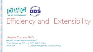DDS OMG DDS OMG DDS OMG DDS OMG DDS OMG DDS OMG DDS OMG DDS




                                                              Efﬁciency and Extensibility
                                                              Angelo Corsaro, Ph.D.
                                                              [angelo.corsaro@prismtech.com]
                                                              Chief Technology Ofﬁcer   DDS SIG Co-Chair
                                                              PrismTech                 Object Management Group (OMG)
 