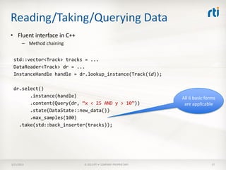 Reading/Taking/Querying Data
• Fluent interface in C++
       – Method chaining


 std::vector<Track> tracks = ...
 DataReader<Track> dr = ...
 InstanceHandle handle = dr.lookup_instance(Track(id));

 dr.select()
       .instance(handle)                                       All 6 basic forms
       .content(Query(dr, “x < 25 AND y > 10”))                 are applicable
       .state(DataState::new_data())
       .max_samples(100)
   .take(std::back_inserter(tracks));




3/21/2013                   © 2013 RTI • COMPANY PROPRIETARY                  27
 