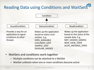 Reading Data using Conditions and WaitSets
                                             Condition



            GuardCondition             StatusCondition                   ReadCondition

  Provides a way for an          Wakes up the application           Wakes up the application
  application to signal          based on status m/w                based on the status of the
  conditions to other            entities. E.g.,                    sample data. E.g.,
  threads                        DATA_AVAILABLE                     NOT_VIEWED_SAMPLE
                                 LIVELINESS_LOST                    NEW_VIEW_STATE
                                 SAMPLE_LOST                        ALIVE_INSTANCE_STATE
                                 DEADLINE_MISSED

 • WaitSets and conditions work together
            – Multiple conditions can be attached to a WaitSet
            – WaitSet unblocks when one or more conditions become active
3/21/2013                        © 2013 RTI • COMPANY PROPRIETARY                           29
 