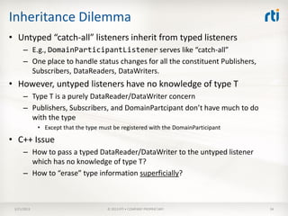 Inheritance Dilemma
• Untyped “catch-all” listeners inherit from typed listeners
      – E.g., DomainParticipantListener serves like “catch-all”
      – One place to handle status changes for all the constituent Publishers,
        Subscribers, DataReaders, DataWriters.
• However, untyped listeners have no knowledge of type T
      – Type T is a purely DataReader/DataWriter concern
      – Publishers, Subscribers, and DomainPartcipant don’t have much to do
        with the type
             • Except that the type must be registered with the DomainParticipant

• C++ Issue
      – How to pass a typed DataReader/DataWriter to the untyped listener
        which has no knowledge of type T?
      – How to “erase” type information superficially?



 3/21/2013                            © 2013 RTI • COMPANY PROPRIETARY              34
 