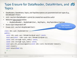 Type Erasure for DataReader, DataWriters, and
    Topics
•    DataReaders, DataWriters, Topics, and TopicDescriptions are parameterized over types (E.g.,
     DataReader<Foo>)
•    std::vector<DataReader> cannot be created but would be useful
•    Welcome type erased entities
       – AnyDataReader, AnyDataWriter, AnyTopic, AnyTopicDescription
•    Access type independent API                                                   Type Erased
•    Create std::vector<AnyDataWriter>                                         (but not forgotten!)
    class dds::pub::AnyDataWriter {
    public:
       const dds::pub::qos::DataWriterQos& qos() const;
       void qos(const ::dds::pub::qos::DataWriterQos& q);
       const std::string& topic_name() const;
       const std::string& type_name() const;
       void wait_for_acknowledgments(const dds::core::Duration& timeout);
       void close();
       void retain(bool b);
       // ...
    };

3/21/2013                            © 2013 RTI • COMPANY PROPRIETARY                                 35
 