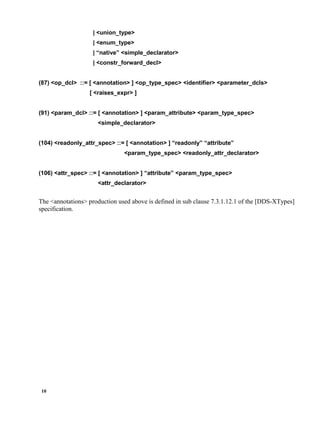 10
| <union_type>
| <enum_type>
| “native” <simple_declarator>
| <constr_forward_decl>
(87) <op_dcl> ::= [ <annotation> ] <op_type_spec> <identifier> <parameter_dcls>
[ <raises_expr> ]
(91) <param_dcl> ::= [ <annotation> ] <param_attribute> <param_type_spec>
<simple_declarator>
(104) <readonly_attr_spec> ::= [ <annotation> ] “readonly” “attribute”
<param_type_spec> <readonly_attr_declarator>
(106) <attr_spec> ::= [ <annotation> ] “attribute” <param_type_spec>
<attr_declarator>
The <annotations> production used above is defined in sub clause 7.3.1.12.1 of the [DDS-XTypes]
specification.
 