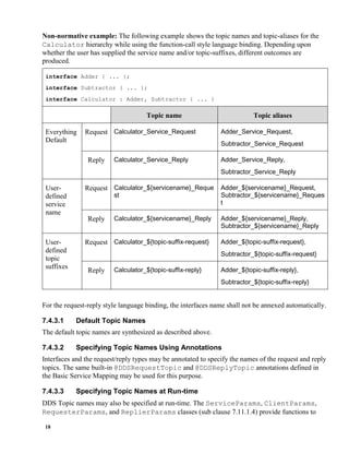 18
Non-normative example: The following example shows the topic names and topic-aliases for the
Calculator hierarchy while using the function-call style language binding. Depending upon
whether the user has supplied the service name and/or topic-suffixes, different outcomes are
produced.
interface Adder { ... };
interface Subtractor { ... };
interface Calculator : Adder, Subtractor { ... }
Topic name Topic aliases
Everything
Default
Request Calculator_Service_Request Adder_Service_Request,
Subtractor_Service_Request
Reply Calculator_Service_Reply Adder_Service_Reply,
Subtractor_Service_Reply
User-
defined
service
name
Request Calculator_${servicename}_Reque
st
Adder_${servicename}_Request,
Subtractor_${servicename}_Reques
t
Reply Calculator_${servicename}_Reply Adder_${servicename}_Reply,
Subtractor_${servicename}_Reply
User-
defined
topic
suffixes
Request Calculator_${topic-suffix-request} Adder_${topic-suffix-request},
Subtractor_${topic-suffix-request}
Reply Calculator_${topic-suffix-reply} Adder_${topic-suffix-reply},
Subtractor_${topic-suffix-reply}
For the request-reply style language binding, the interfaces name shall not be annexed automatically.
7.4.3.1 Default Topic Names
The default topic names are synthesized as described above.
7.4.3.2 Specifying Topic Names Using Annotations
Interfaces and the request/reply types may be annotated to specify the names of the request and reply
topics. The same built-in @DDSRequestTopic and @DDSReplyTopic annotations defined in
the Basic Service Mapping may be used for this purpose.
7.4.3.3 Specifying Topic Names at Run-time
DDS Topic names may also be specified at run-time. The ServiceParams, ClientParams,
RequesterParams, and ReplierParams classes (sub clause 7.11.1.4) provide functions to
 