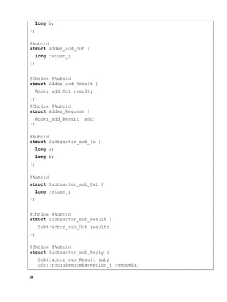 38
long b;
};
@Autoid
struct Adder_add_Out {
long return_;
};
@Choice @Autoid
struct Adder_add_Result {
Adder_add_Out result;
};
@Choice @Autoid
struct Adder_Request {
Adder_add_Result add;
};
@Autoid
struct Subtractor_sub_In {
long a;
long b;
};
@Autoid
struct Subtractor_sub_Out {
long return_;
};
@Choice @Autoid
struct Subtractor_sub_Result {
Subtractor_sub_Out result;
};
@Choice @Autoid
struct Subtractor_sub_Reply {
Subtractor_sub_Result sub;
dds::rpc::RemoteException_t remoteEx;
 