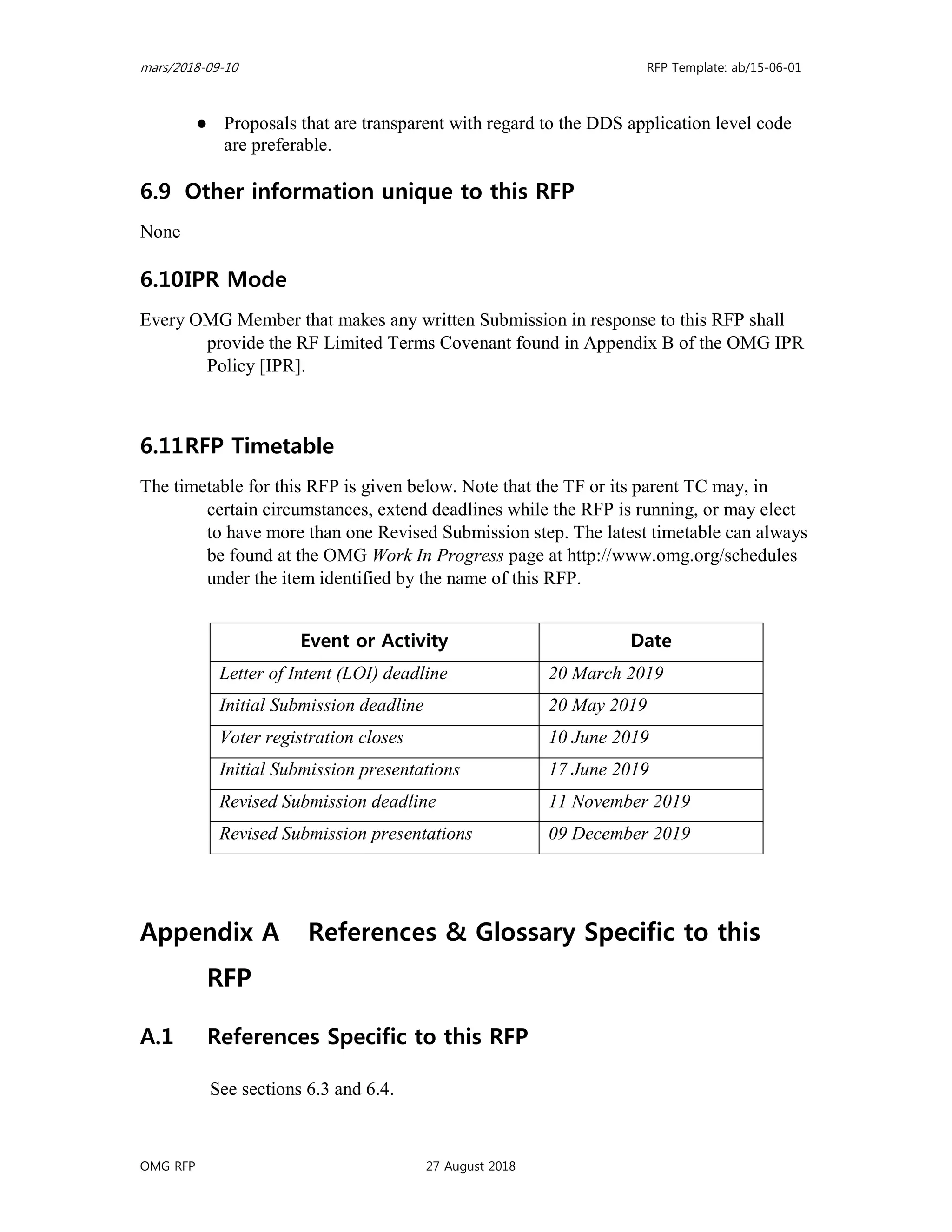 mars/2018-09-10 RFP Template: ab/15-06-01
OMG RFP 27 August 2018
● Proposals that are transparent with regard to the DDS application level code
are preferable.
6.9 Other information unique to this RFP
None
6.10IPR Mode
Every OMG Member that makes any written Submission in response to this RFP shall
provide the RF Limited Terms Covenant found in Appendix B of the OMG IPR
Policy [IPR].
6.11RFP Timetable
The timetable for this RFP is given below. Note that the TF or its parent TC may, in
certain circumstances, extend deadlines while the RFP is running, or may elect
to have more than one Revised Submission step. The latest timetable can always
be found at the OMG Work In Progress page at http://www.omg.org/schedules
under the item identified by the name of this RFP.
Event or Activity Date
Letter of Intent (LOI) deadline 20 March 2019
Initial Submission deadline 20 May 2019
Voter registration closes 10 June 2019
Initial Submission presentations 17 June 2019
Revised Submission deadline 11 November 2019
Revised Submission presentations 09 December 2019
Appendix A References & Glossary Specific to this
RFP
A.1 References Specific to this RFP
See sections 6.3 and 6.4.
 