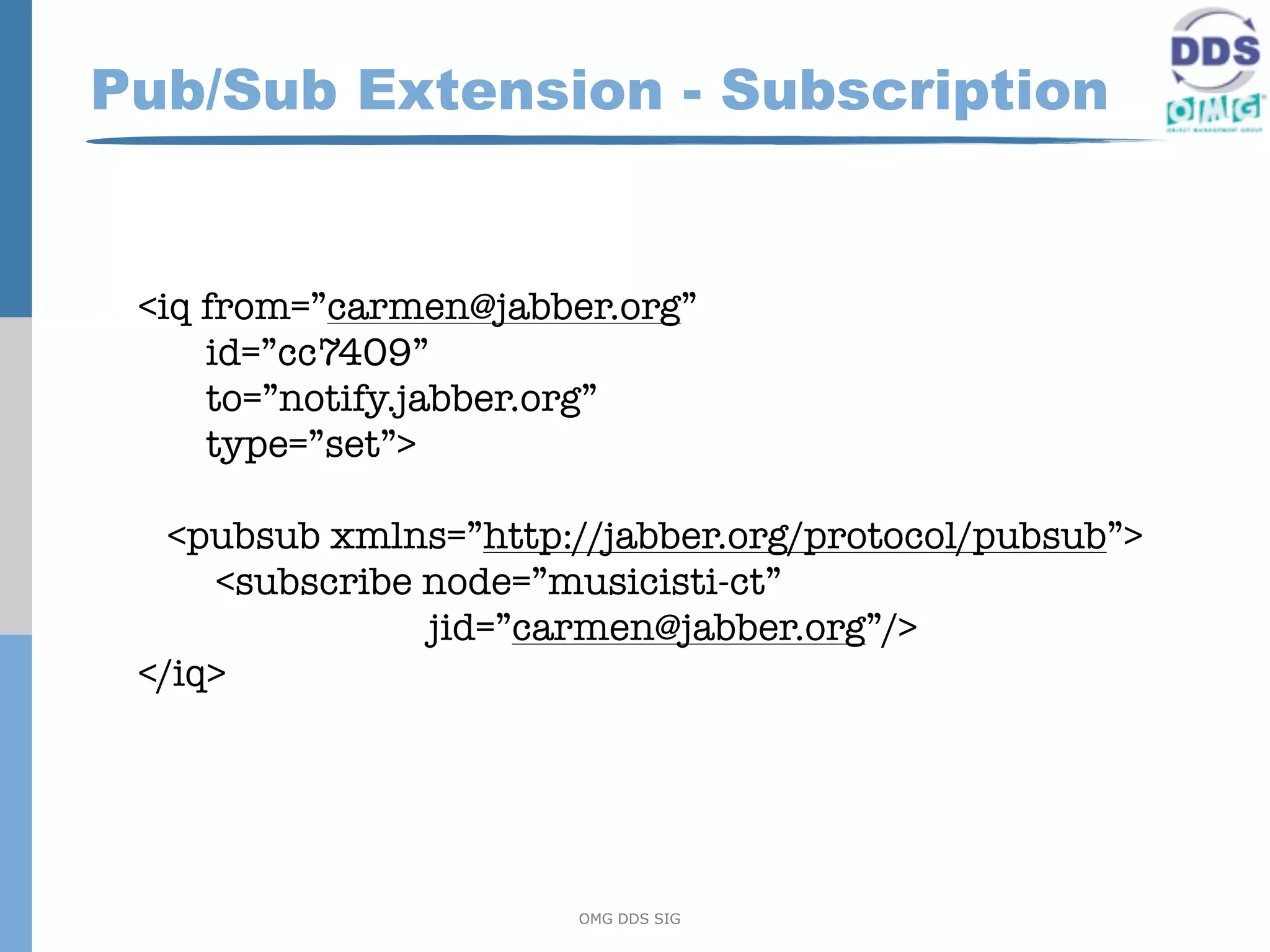Pub/Sub Extension - Subscription


 <iq from=”carmen@jabber.org”
     id=”cc7409”
     to=”notify.jabber.org”
     type=”set”>

   <pubsub xmlns=”http://jabber.org/protocol/pubsub”>
     <subscribe node=”musicisti-ct”
                jid=”carmen@jabber.org”/>
 </iq>




                       OMG DDS SIG
 