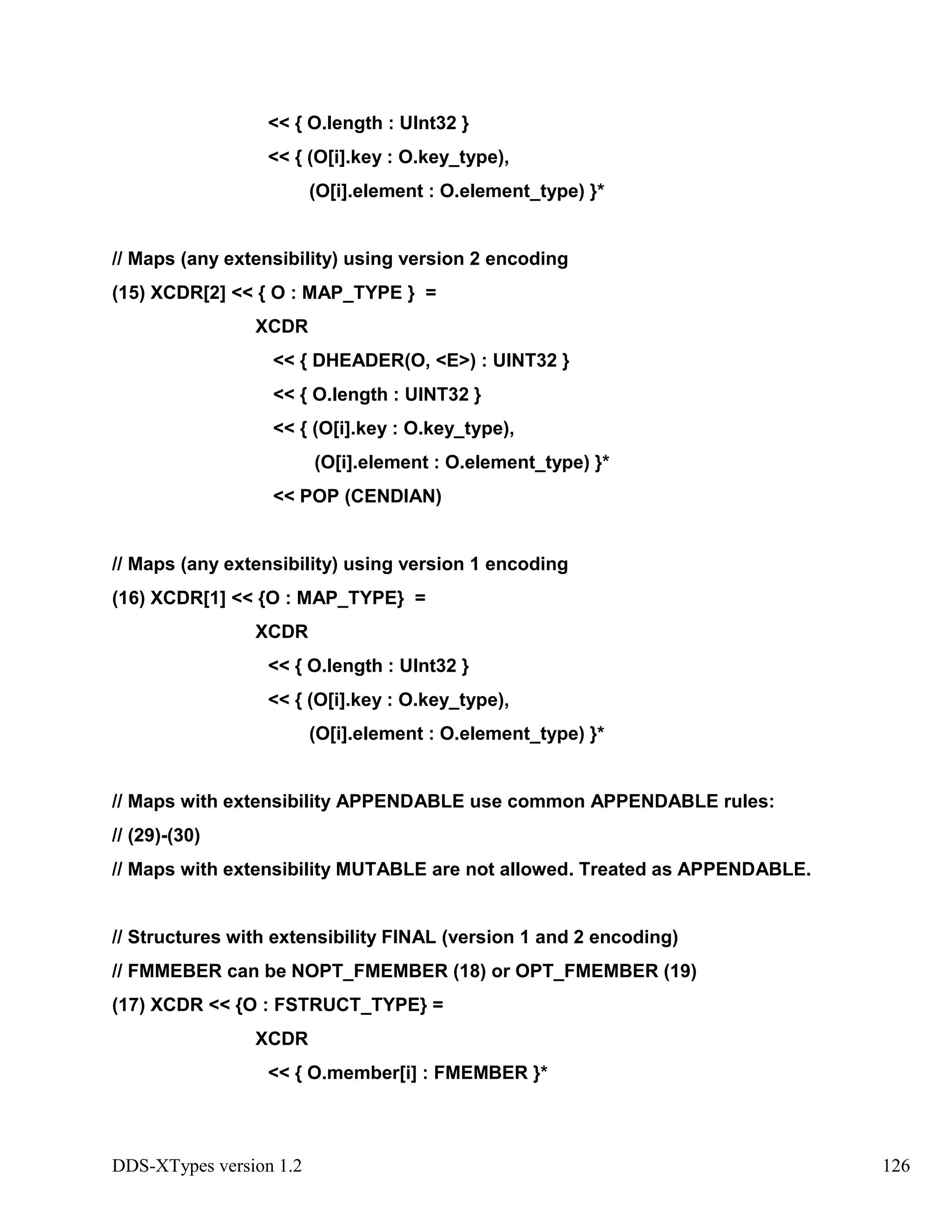 DDS-XTypes version 1.2 126
<< { O.length : UInt32 }
<< { (O[i].key : O.key_type),
(O[i].element : O.element_type) }*
// Maps (any extensibility) using version 2 encoding
(15) XCDR[2] << { O : MAP_TYPE } =
XCDR
<< { DHEADER(O, <E>) : UINT32 }
<< { O.length : UINT32 }
<< { (O[i].key : O.key_type),
(O[i].element : O.element_type) }*
<< POP (CENDIAN)
// Maps (any extensibility) using version 1 encoding
(16) XCDR[1] << {O : MAP_TYPE} =
XCDR
<< { O.length : UInt32 }
<< { (O[i].key : O.key_type),
(O[i].element : O.element_type) }*
// Maps with extensibility APPENDABLE use common APPENDABLE rules:
// (29)-(30)
// Maps with extensibility MUTABLE are not allowed. Treated as APPENDABLE.
// Structures with extensibility FINAL (version 1 and 2 encoding)
// FMMEBER can be NOPT_FMEMBER (18) or OPT_FMEMBER (19)
(17) XCDR << {O : FSTRUCT_TYPE} =
XCDR
<< { O.member[i] : FMEMBER }*
 