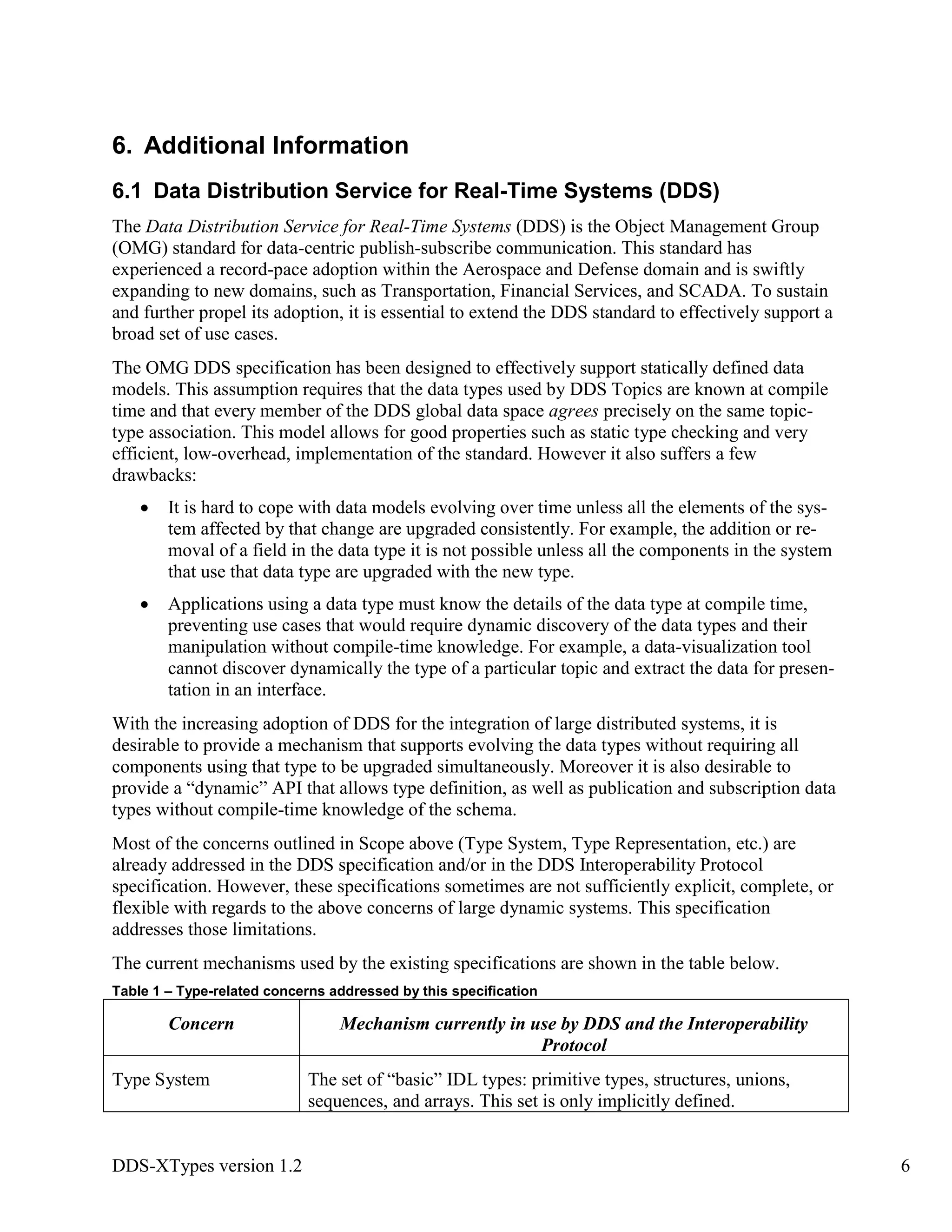 DDS-XTypes version 1.2 6
6. Additional Information
6.1 Data Distribution Service for Real-Time Systems (DDS)
The Data Distribution Service for Real-Time Systems (DDS) is the Object Management Group
(OMG) standard for data-centric publish-subscribe communication. This standard has
experienced a record-pace adoption within the Aerospace and Defense domain and is swiftly
expanding to new domains, such as Transportation, Financial Services, and SCADA. To sustain
and further propel its adoption, it is essential to extend the DDS standard to effectively support a
broad set of use cases.
The OMG DDS specification has been designed to effectively support statically defined data
models. This assumption requires that the data types used by DDS Topics are known at compile
time and that every member of the DDS global data space agrees precisely on the same topic-
type association. This model allows for good properties such as static type checking and very
efficient, low-overhead, implementation of the standard. However it also suffers a few
drawbacks:
It is hard to cope with data models evolving over time unless all the elements of the sys-
tem affected by that change are upgraded consistently. For example, the addition or re-
moval of a field in the data type it is not possible unless all the components in the system
that use that data type are upgraded with the new type.
Applications using a data type must know the details of the data type at compile time,
preventing use cases that would require dynamic discovery of the data types and their
manipulation without compile-time knowledge. For example, a data-visualization tool
cannot discover dynamically the type of a particular topic and extract the data for presen-
tation in an interface.
With the increasing adoption of DDS for the integration of large distributed systems, it is
desirable to provide a mechanism that supports evolving the data types without requiring all
components using that type to be upgraded simultaneously. Moreover it is also desirable to
provide a “dynamic” API that allows type definition, as well as publication and subscription data
types without compile-time knowledge of the schema.
Most of the concerns outlined in Scope above (Type System, Type Representation, etc.) are
already addressed in the DDS specification and/or in the DDS Interoperability Protocol
specification. However, these specifications sometimes are not sufficiently explicit, complete, or
flexible with regards to the above concerns of large dynamic systems. This specification
addresses those limitations.
The current mechanisms used by the existing specifications are shown in the table below.
Table 1 – Type-related concerns addressed by this specification
Concern Mechanism currently in use by DDS and the Interoperability
Protocol
Type System The set of “basic” IDL types: primitive types, structures, unions,
sequences, and arrays. This set is only implicitly defined.
 