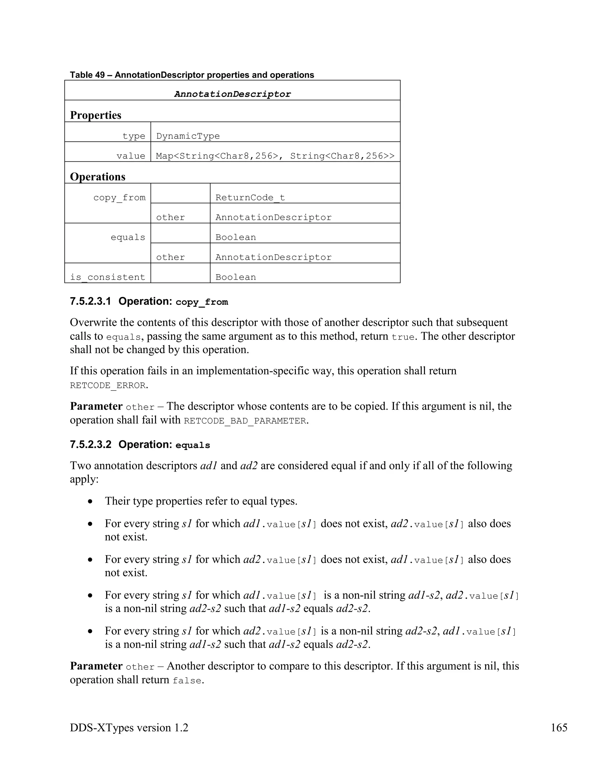 DDS-XTypes version 1.2 165
Table 49 – AnnotationDescriptor properties and operations
AnnotationDescriptor
Properties
type DynamicType
value Map<String<Char8,256>, String<Char8,256>>
Operations
copy_from ReturnCode_t
other AnnotationDescriptor
equals Boolean
other AnnotationDescriptor
is_consistent Boolean
7.5.2.3.1 Operation: copy_from
Overwrite the contents of this descriptor with those of another descriptor such that subsequent
calls to equals, passing the same argument as to this method, return true. The other descriptor
shall not be changed by this operation.
If this operation fails in an implementation-specific way, this operation shall return
RETCODE_ERROR.
Parameter other – The descriptor whose contents are to be copied. If this argument is nil, the
operation shall fail with RETCODE_BAD_PARAMETER.
7.5.2.3.2 Operation: equals
Two annotation descriptors ad1 and ad2 are considered equal if and only if all of the following
apply:
Their type properties refer to equal types.
For every string s1 for which ad1.value[s1] does not exist, ad2.value[s1] also does
not exist.
For every string s1 for which ad2.value[s1] does not exist, ad1.value[s1] also does
not exist.
For every string s1 for which ad1.value[s1] is a non-nil string ad1-s2, ad2.value[s1]
is a non-nil string ad2-s2 such that ad1-s2 equals ad2-s2.
For every string s1 for which ad2.value[s1] is a non-nil string ad2-s2, ad1.value[s1]
is a non-nil string ad1-s2 such that ad1-s2 equals ad2-s2.
Parameter other – Another descriptor to compare to this descriptor. If this argument is nil, this
operation shall return false.
 