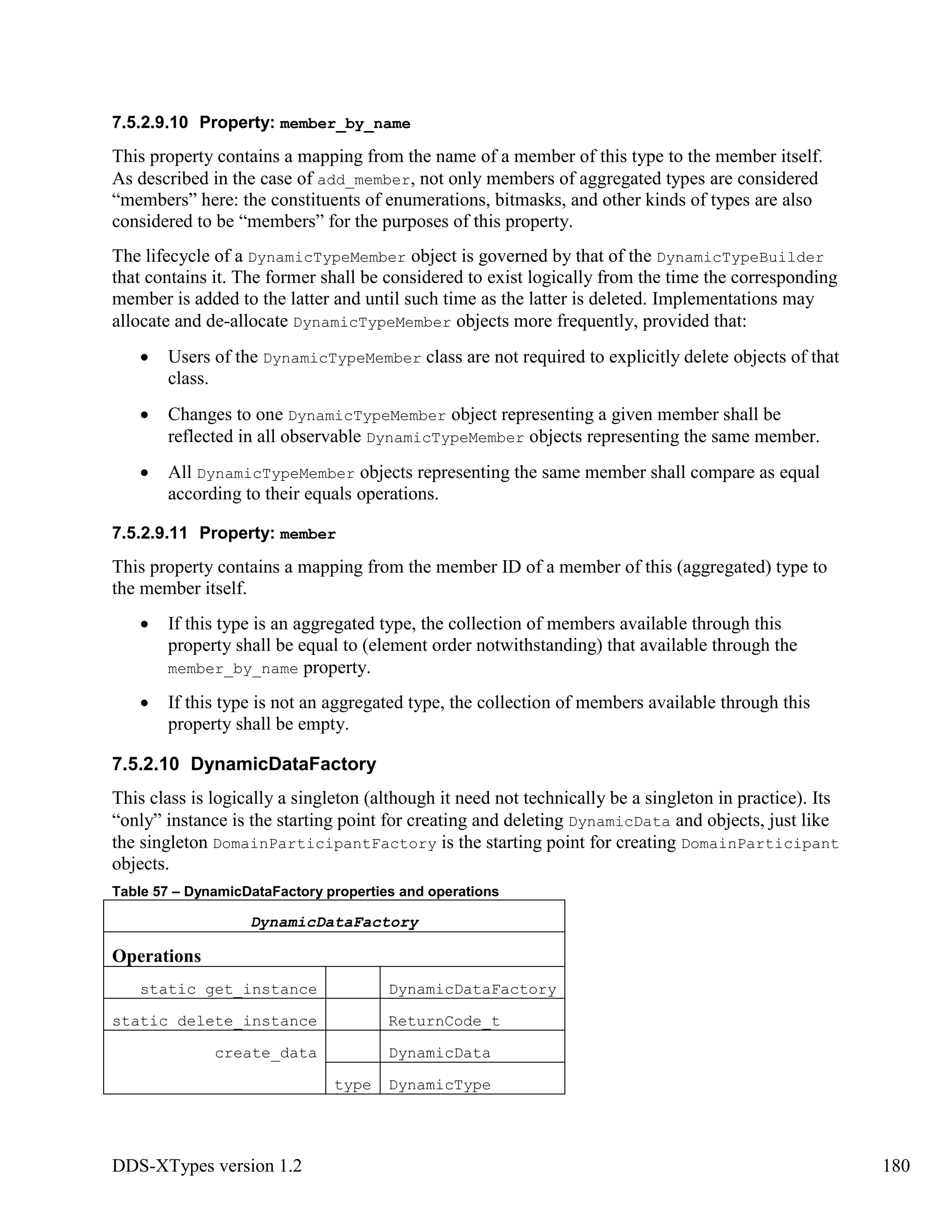 DDS-XTypes version 1.2 180
7.5.2.9.10 Property: member_by_name
This property contains a mapping from the name of a member of this type to the member itself.
As described in the case of add_member, not only members of aggregated types are considered
“members” here: the constituents of enumerations, bitmasks, and other kinds of types are also
considered to be “members” for the purposes of this property.
The lifecycle of a DynamicTypeMember object is governed by that of the DynamicTypeBuilder
that contains it. The former shall be considered to exist logically from the time the corresponding
member is added to the latter and until such time as the latter is deleted. Implementations may
allocate and de-allocate DynamicTypeMember objects more frequently, provided that:
Users of the DynamicTypeMember class are not required to explicitly delete objects of that
class.
Changes to one DynamicTypeMember object representing a given member shall be
reflected in all observable DynamicTypeMember objects representing the same member.
All DynamicTypeMember objects representing the same member shall compare as equal
according to their equals operations.
7.5.2.9.11 Property: member
This property contains a mapping from the member ID of a member of this (aggregated) type to
the member itself.
If this type is an aggregated type, the collection of members available through this
property shall be equal to (element order notwithstanding) that available through the
member_by_name property.
If this type is not an aggregated type, the collection of members available through this
property shall be empty.
7.5.2.10 DynamicDataFactory
This class is logically a singleton (although it need not technically be a singleton in practice). Its
“only” instance is the starting point for creating and deleting DynamicData and objects, just like
the singleton DomainParticipantFactory is the starting point for creating DomainParticipant
objects.
Table 57 – DynamicDataFactory properties and operations
DynamicDataFactory
Operations
static get_instance DynamicDataFactory
static delete_instance ReturnCode_t
create_data DynamicData
type DynamicType
 