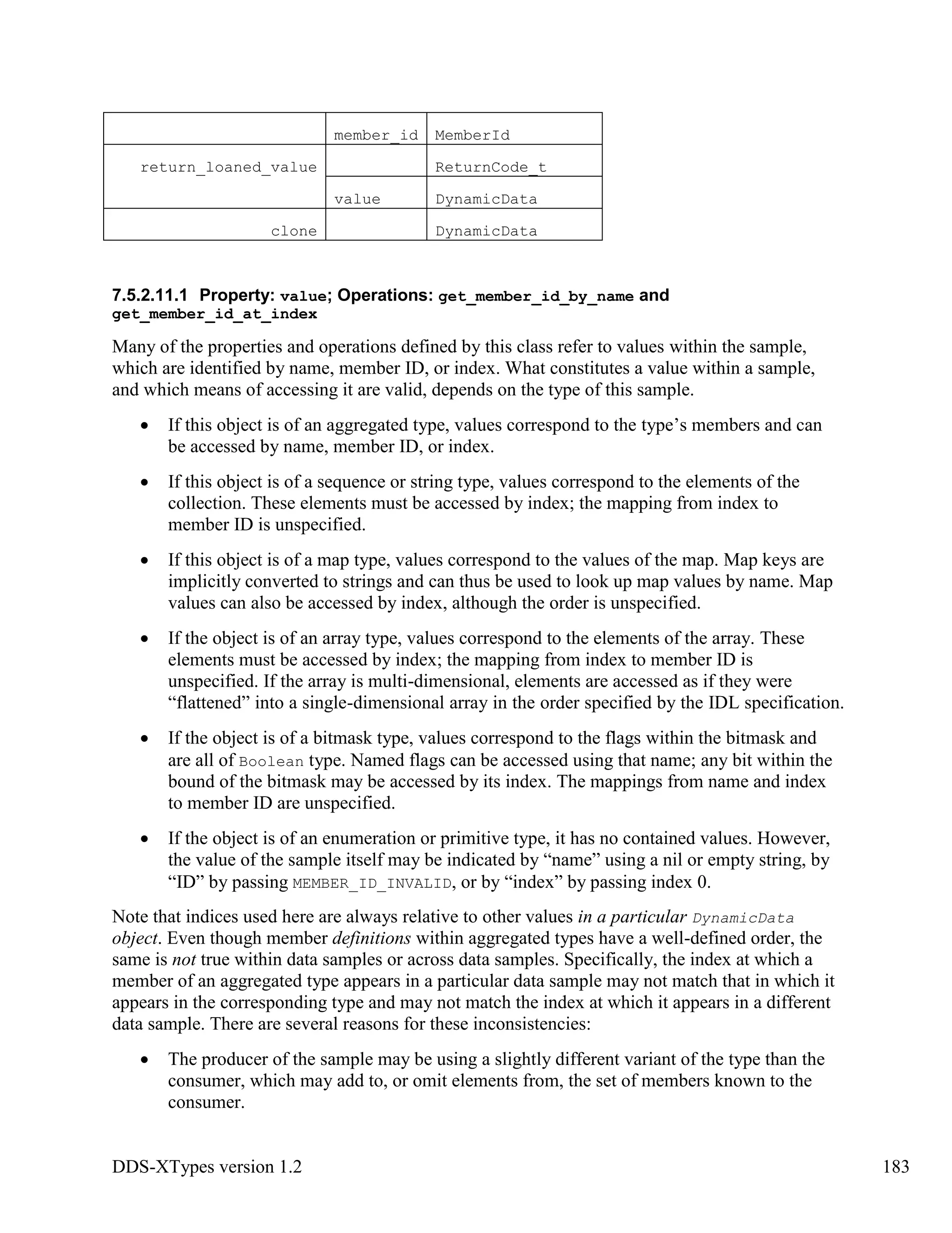 DDS-XTypes version 1.2 183
member_id MemberId
return_loaned_value ReturnCode_t
value DynamicData
clone DynamicData
7.5.2.11.1 Property: value; Operations: get_member_id_by_name and
get_member_id_at_index
Many of the properties and operations defined by this class refer to values within the sample,
which are identified by name, member ID, or index. What constitutes a value within a sample,
and which means of accessing it are valid, depends on the type of this sample.
If this object is of an aggregated type, values correspond to the type’s members and can
be accessed by name, member ID, or index.
If this object is of a sequence or string type, values correspond to the elements of the
collection. These elements must be accessed by index; the mapping from index to
member ID is unspecified.
If this object is of a map type, values correspond to the values of the map. Map keys are
implicitly converted to strings and can thus be used to look up map values by name. Map
values can also be accessed by index, although the order is unspecified.
If the object is of an array type, values correspond to the elements of the array. These
elements must be accessed by index; the mapping from index to member ID is
unspecified. If the array is multi-dimensional, elements are accessed as if they were
“flattened” into a single-dimensional array in the order specified by the IDL specification.
If the object is of a bitmask type, values correspond to the flags within the bitmask and
are all of Boolean type. Named flags can be accessed using that name; any bit within the
bound of the bitmask may be accessed by its index. The mappings from name and index
to member ID are unspecified.
If the object is of an enumeration or primitive type, it has no contained values. However,
the value of the sample itself may be indicated by “name” using a nil or empty string, by
“ID” by passing MEMBER_ID_INVALID, or by “index” by passing index 0.
Note that indices used here are always relative to other values in a particular DynamicData
object. Even though member definitions within aggregated types have a well-defined order, the
same is not true within data samples or across data samples. Specifically, the index at which a
member of an aggregated type appears in a particular data sample may not match that in which it
appears in the corresponding type and may not match the index at which it appears in a different
data sample. There are several reasons for these inconsistencies:
The producer of the sample may be using a slightly different variant of the type than the
consumer, which may add to, or omit elements from, the set of members known to the
consumer.
 