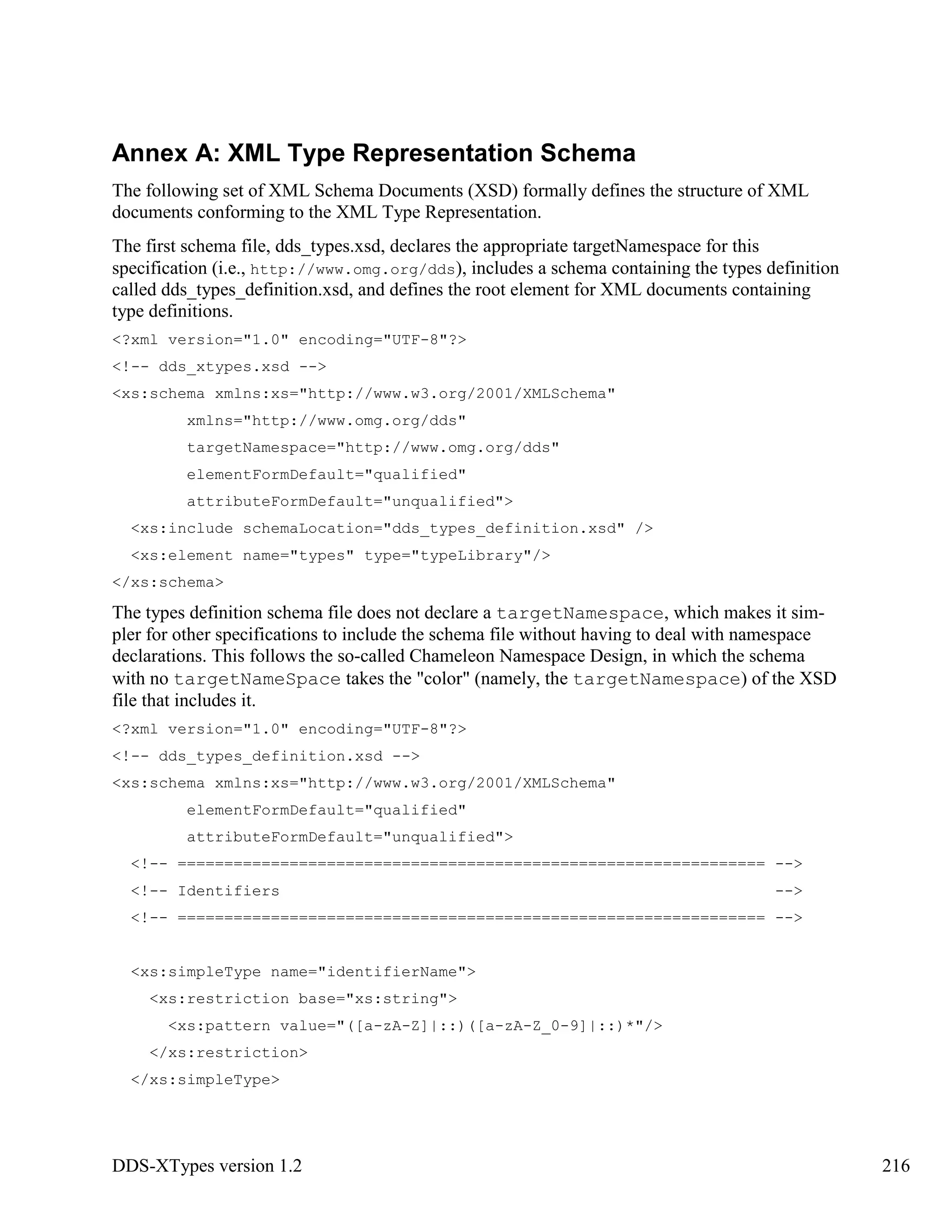 DDS-XTypes version 1.2 216
Annex A: XML Type Representation Schema
The following set of XML Schema Documents (XSD) formally defines the structure of XML
documents conforming to the XML Type Representation.
The first schema file, dds_types.xsd, declares the appropriate targetNamespace for this
specification (i.e., http://www.omg.org/dds), includes a schema containing the types definition
called dds_types_definition.xsd, and defines the root element for XML documents containing
type definitions.
<?xml version="1.0" encoding="UTF-8"?>
<!-- dds_xtypes.xsd -->
<xs:schema xmlns:xs="http://www.w3.org/2001/XMLSchema"
xmlns="http://www.omg.org/dds"
targetNamespace="http://www.omg.org/dds"
elementFormDefault="qualified"
attributeFormDefault="unqualified">
<xs:include schemaLocation="dds_types_definition.xsd" />
<xs:element name="types" type="typeLibrary"/>
</xs:schema>
The types definition schema file does not declare a targetNamespace, which makes it sim-
pler for other specifications to include the schema file without having to deal with namespace
declarations. This follows the so-called Chameleon Namespace Design, in which the schema
with no targetNameSpace takes the "color" (namely, the targetNamespace) of the XSD
file that includes it.
<?xml version="1.0" encoding="UTF-8"?>
<!-- dds_types_definition.xsd -->
<xs:schema xmlns:xs="http://www.w3.org/2001/XMLSchema"
elementFormDefault="qualified"
attributeFormDefault="unqualified">
<!-- =============================================================== -->
<!-- Identifiers -->
<!-- =============================================================== -->
<xs:simpleType name="identifierName">
<xs:restriction base="xs:string">
<xs:pattern value="([a-zA-Z]|::)([a-zA-Z_0-9]|::)*"/>
</xs:restriction>
</xs:simpleType>
 