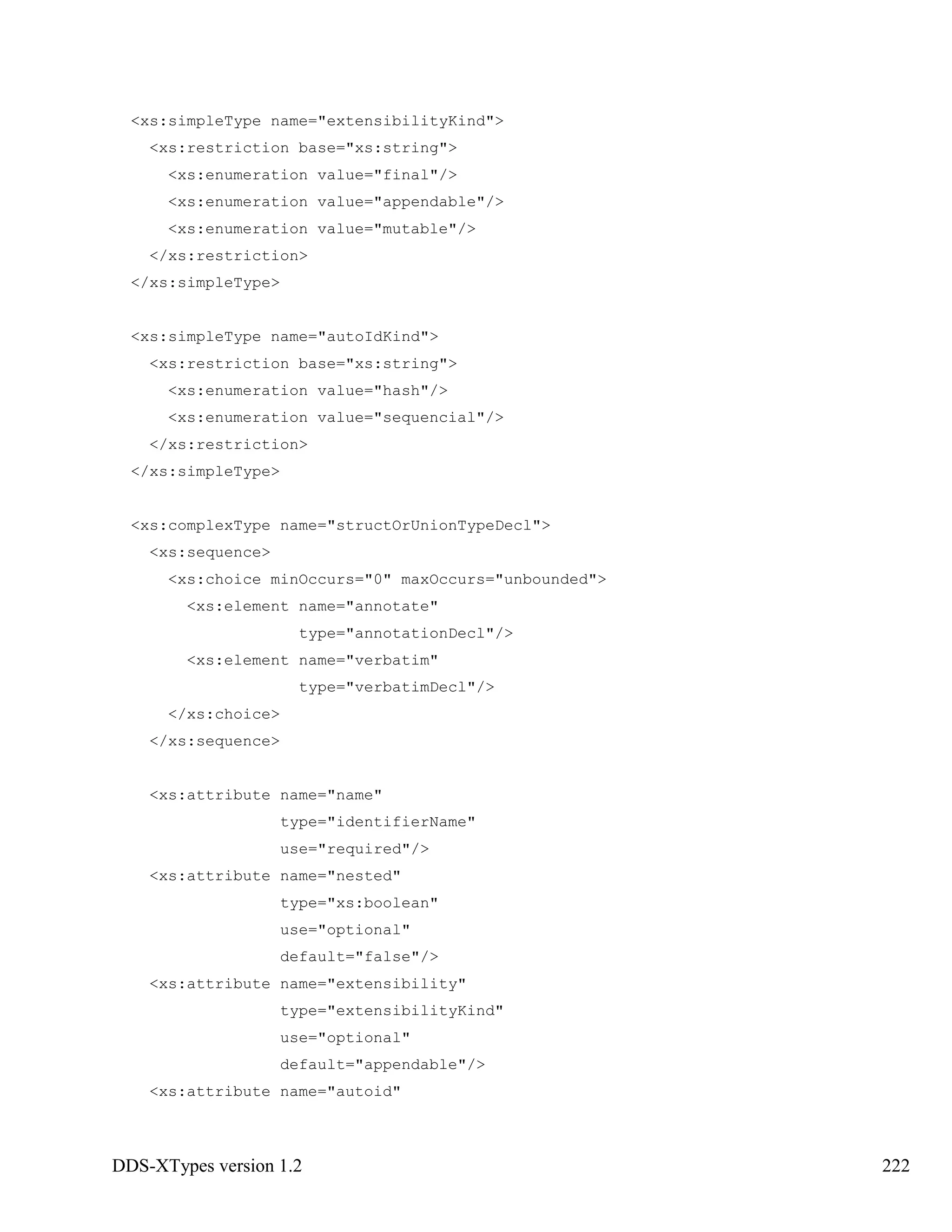 DDS-XTypes version 1.2 222
<xs:simpleType name="extensibilityKind">
<xs:restriction base="xs:string">
<xs:enumeration value="final"/>
<xs:enumeration value="appendable"/>
<xs:enumeration value="mutable"/>
</xs:restriction>
</xs:simpleType>
<xs:simpleType name="autoIdKind">
<xs:restriction base="xs:string">
<xs:enumeration value="hash"/>
<xs:enumeration value="sequencial"/>
</xs:restriction>
</xs:simpleType>
<xs:complexType name="structOrUnionTypeDecl">
<xs:sequence>
<xs:choice minOccurs="0" maxOccurs="unbounded">
<xs:element name="annotate"
type="annotationDecl"/>
<xs:element name="verbatim"
type="verbatimDecl"/>
</xs:choice>
</xs:sequence>
<xs:attribute name="name"
type="identifierName"
use="required"/>
<xs:attribute name="nested"
type="xs:boolean"
use="optional"
default="false"/>
<xs:attribute name="extensibility"
type="extensibilityKind"
use="optional"
default="appendable"/>
<xs:attribute name="autoid"
 