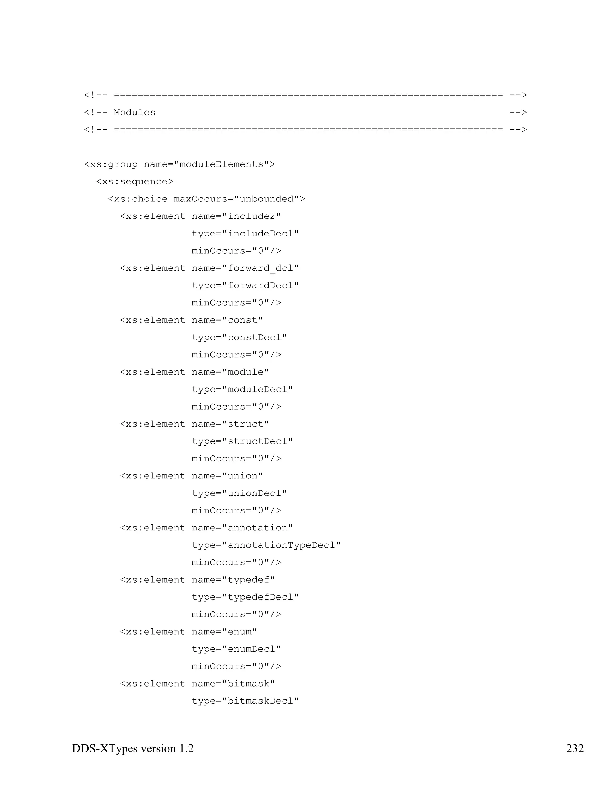 DDS-XTypes version 1.2 232
<!-- ================================================================= -->
<!-- Modules -->
<!-- ================================================================= -->
<xs:group name="moduleElements">
<xs:sequence>
<xs:choice maxOccurs="unbounded">
<xs:element name="include2"
type="includeDecl"
minOccurs="0"/>
<xs:element name="forward_dcl"
type="forwardDecl"
minOccurs="0"/>
<xs:element name="const"
type="constDecl"
minOccurs="0"/>
<xs:element name="module"
type="moduleDecl"
minOccurs="0"/>
<xs:element name="struct"
type="structDecl"
minOccurs="0"/>
<xs:element name="union"
type="unionDecl"
minOccurs="0"/>
<xs:element name="annotation"
type="annotationTypeDecl"
minOccurs="0"/>
<xs:element name="typedef"
type="typedefDecl"
minOccurs="0"/>
<xs:element name="enum"
type="enumDecl"
minOccurs="0"/>
<xs:element name="bitmask"
type="bitmaskDecl"
 