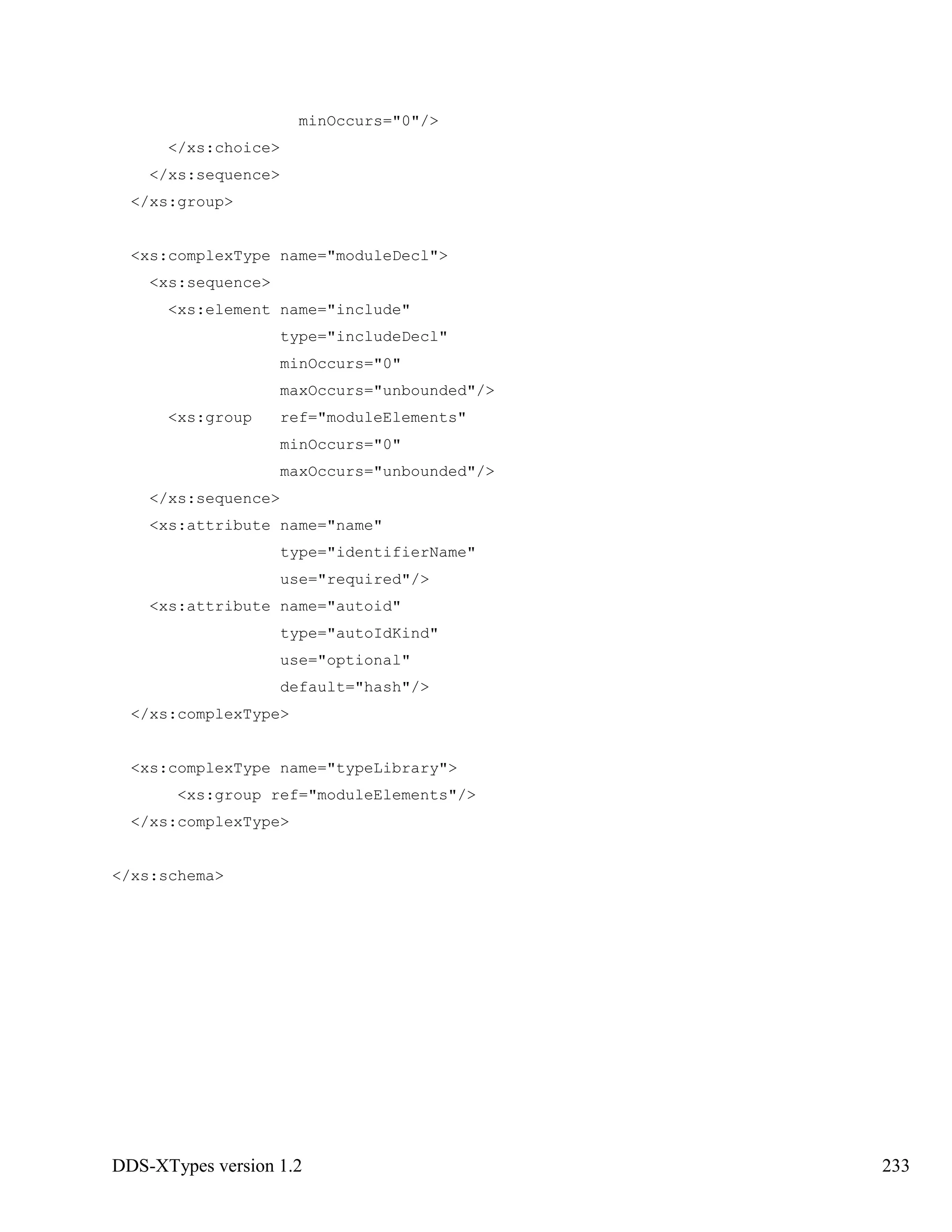 DDS-XTypes version 1.2 233
minOccurs="0"/>
</xs:choice>
</xs:sequence>
</xs:group>
<xs:complexType name="moduleDecl">
<xs:sequence>
<xs:element name="include"
type="includeDecl"
minOccurs="0"
maxOccurs="unbounded"/>
<xs:group ref="moduleElements"
minOccurs="0"
maxOccurs="unbounded"/>
</xs:sequence>
<xs:attribute name="name"
type="identifierName"
use="required"/>
<xs:attribute name="autoid"
type="autoIdKind"
use="optional"
default="hash"/>
</xs:complexType>
<xs:complexType name="typeLibrary">
<xs:group ref="moduleElements"/>
</xs:complexType>
</xs:schema>
 