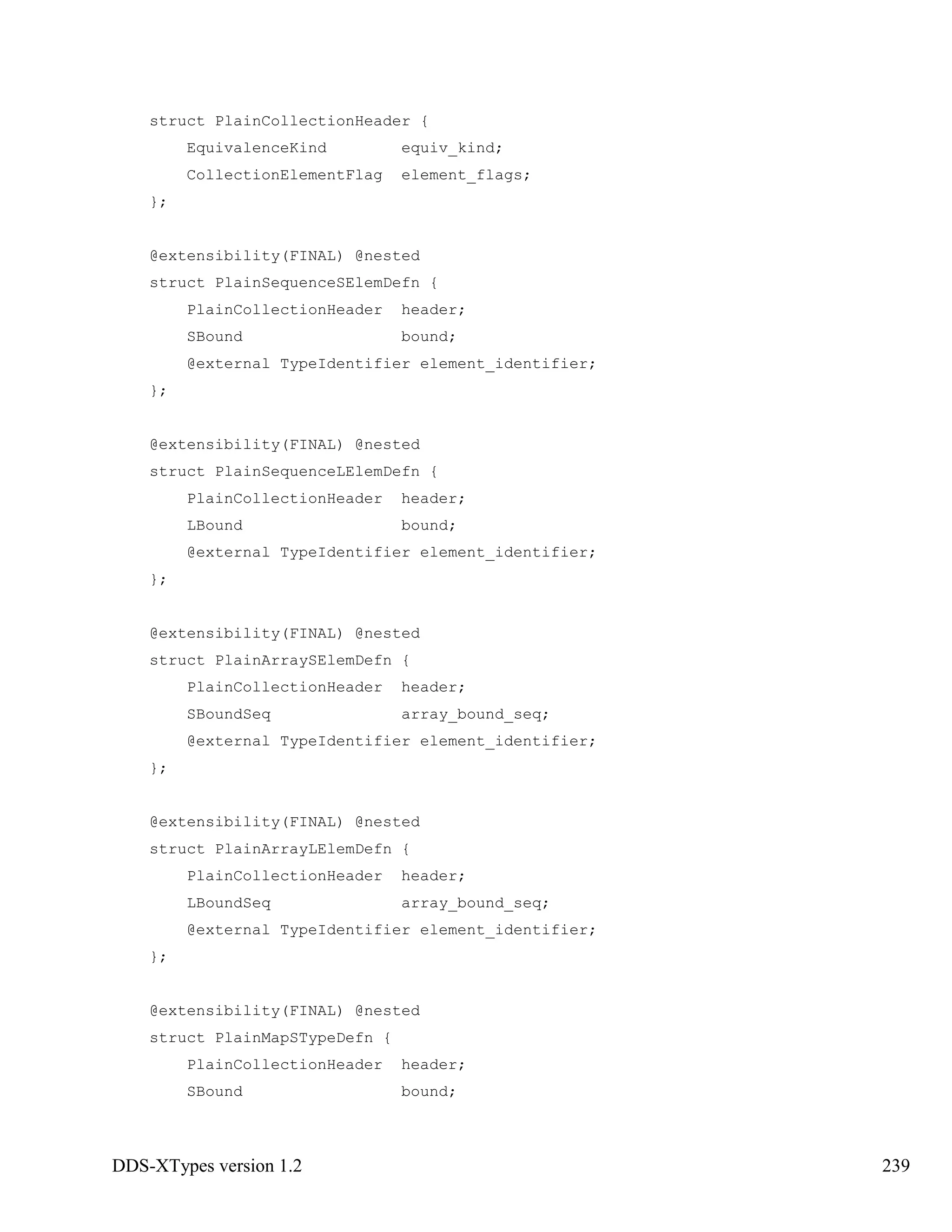 DDS-XTypes version 1.2 239
struct PlainCollectionHeader {
EquivalenceKind equiv_kind;
CollectionElementFlag element_flags;
};
@extensibility(FINAL) @nested
struct PlainSequenceSElemDefn {
PlainCollectionHeader header;
SBound bound;
@external TypeIdentifier element_identifier;
};
@extensibility(FINAL) @nested
struct PlainSequenceLElemDefn {
PlainCollectionHeader header;
LBound bound;
@external TypeIdentifier element_identifier;
};
@extensibility(FINAL) @nested
struct PlainArraySElemDefn {
PlainCollectionHeader header;
SBoundSeq array_bound_seq;
@external TypeIdentifier element_identifier;
};
@extensibility(FINAL) @nested
struct PlainArrayLElemDefn {
PlainCollectionHeader header;
LBoundSeq array_bound_seq;
@external TypeIdentifier element_identifier;
};
@extensibility(FINAL) @nested
struct PlainMapSTypeDefn {
PlainCollectionHeader header;
SBound bound;
 