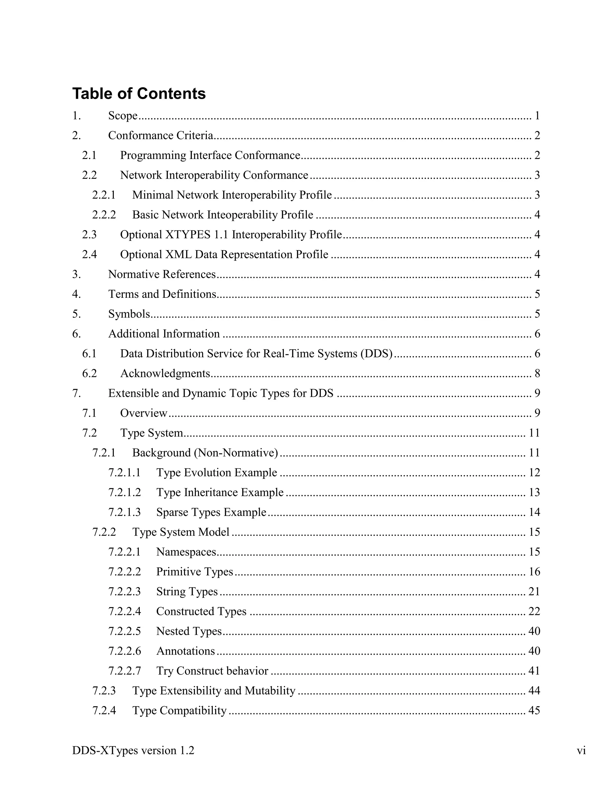 DDS-XTypes version 1.2 vi
Table of Contents
1. Scope................................................................................................................................... 1
2. Conformance Criteria.......................................................................................................... 2
2.1 Programming Interface Conformance............................................................................. 2
2.2 Network Interoperability Conformance.......................................................................... 3
2.2.1 Minimal Network Interoperability Profile.................................................................. 3
2.2.2 Basic Network Inteoperability Profile ........................................................................ 4
2.3 Optional XTYPES 1.1 Interoperability Profile............................................................... 4
2.4 Optional XML Data Representation Profile ................................................................... 4
3. Normative References......................................................................................................... 4
4. Terms and Definitions......................................................................................................... 5
5. Symbols............................................................................................................................... 5
6. Additional Information ....................................................................................................... 6
6.1 Data Distribution Service for Real-Time Systems (DDS).............................................. 6
6.2 Acknowledgments........................................................................................................... 8
7. Extensible and Dynamic Topic Types for DDS ................................................................. 9
7.1 Overview......................................................................................................................... 9
7.2 Type System.................................................................................................................. 11
7.2.1 Background (Non-Normative).................................................................................. 11
7.2.1.1 Type Evolution Example .................................................................................. 12
7.2.1.2 Type Inheritance Example ................................................................................ 13
7.2.1.3 Sparse Types Example...................................................................................... 14
7.2.2 Type System Model .................................................................................................. 15
7.2.2.1 Namespaces....................................................................................................... 15
7.2.2.2 Primitive Types................................................................................................. 16
7.2.2.3 String Types...................................................................................................... 21
7.2.2.4 Constructed Types ............................................................................................ 22
7.2.2.5 Nested Types..................................................................................................... 40
7.2.2.6 Annotations....................................................................................................... 40
7.2.2.7 Try Construct behavior ..................................................................................... 41
7.2.3 Type Extensibility and Mutability ............................................................................ 44
7.2.4 Type Compatibility................................................................................................... 45
 