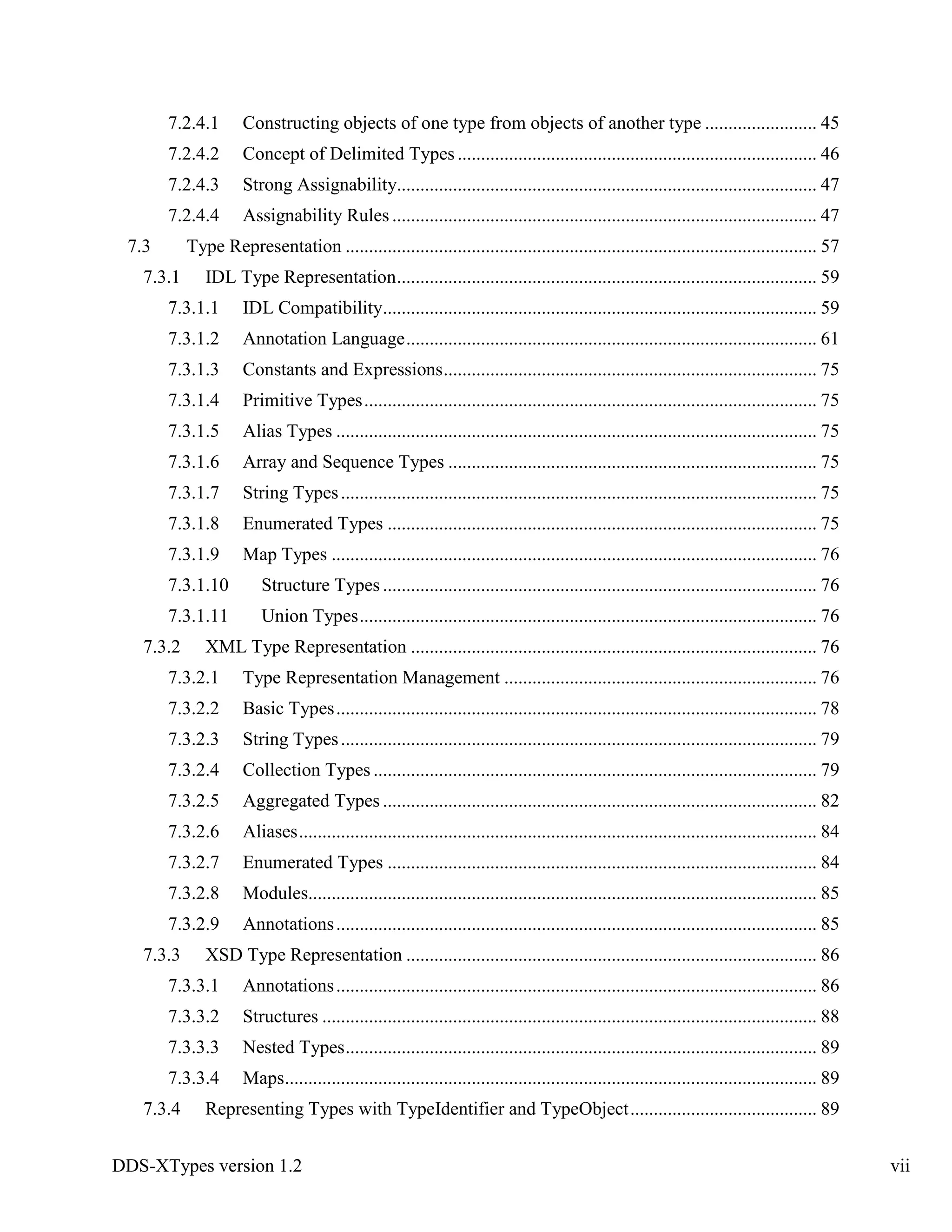 DDS-XTypes version 1.2 vii
7.2.4.1 Constructing objects of one type from objects of another type ........................ 45
7.2.4.2 Concept of Delimited Types............................................................................. 46
7.2.4.3 Strong Assignability.......................................................................................... 47
7.2.4.4 Assignability Rules ........................................................................................... 47
7.3 Type Representation ..................................................................................................... 57
7.3.1 IDL Type Representation.......................................................................................... 59
7.3.1.1 IDL Compatibility............................................................................................. 59
7.3.1.2 Annotation Language........................................................................................ 61
7.3.1.3 Constants and Expressions................................................................................ 75
7.3.1.4 Primitive Types................................................................................................. 75
7.3.1.5 Alias Types ....................................................................................................... 75
7.3.1.6 Array and Sequence Types ............................................................................... 75
7.3.1.7 String Types...................................................................................................... 75
7.3.1.8 Enumerated Types ............................................................................................ 75
7.3.1.9 Map Types ........................................................................................................ 76
7.3.1.10 Structure Types ............................................................................................. 76
7.3.1.11 Union Types.................................................................................................. 76
7.3.2 XML Type Representation ....................................................................................... 76
7.3.2.1 Type Representation Management ................................................................... 76
7.3.2.2 Basic Types....................................................................................................... 78
7.3.2.3 String Types...................................................................................................... 79
7.3.2.4 Collection Types ............................................................................................... 79
7.3.2.5 Aggregated Types ............................................................................................. 82
7.3.2.6 Aliases............................................................................................................... 84
7.3.2.7 Enumerated Types ............................................................................................ 84
7.3.2.8 Modules............................................................................................................. 85
7.3.2.9 Annotations....................................................................................................... 85
7.3.3 XSD Type Representation ........................................................................................ 86
7.3.3.1 Annotations....................................................................................................... 86
7.3.3.2 Structures .......................................................................................................... 88
7.3.3.3 Nested Types..................................................................................................... 89
7.3.3.4 Maps.................................................................................................................. 89
7.3.4 Representing Types with TypeIdentifier and TypeObject........................................ 89
 