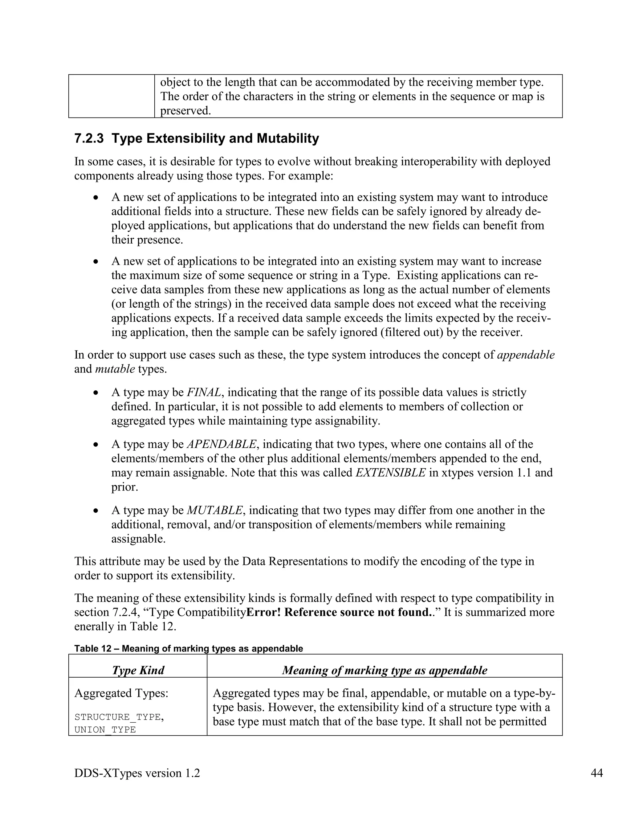 DDS-XTypes version 1.2 44
object to the length that can be accommodated by the receiving member type.
The order of the characters in the string or elements in the sequence or map is
preserved.
7.2.3 Type Extensibility and Mutability
In some cases, it is desirable for types to evolve without breaking interoperability with deployed
components already using those types. For example:
A new set of applications to be integrated into an existing system may want to introduce
additional fields into a structure. These new fields can be safely ignored by already de-
ployed applications, but applications that do understand the new fields can benefit from
their presence.
A new set of applications to be integrated into an existing system may want to increase
the maximum size of some sequence or string in a Type. Existing applications can re-
ceive data samples from these new applications as long as the actual number of elements
(or length of the strings) in the received data sample does not exceed what the receiving
applications expects. If a received data sample exceeds the limits expected by the receiv-
ing application, then the sample can be safely ignored (filtered out) by the receiver.
In order to support use cases such as these, the type system introduces the concept of appendable
and mutable types.
A type may be FINAL, indicating that the range of its possible data values is strictly
defined. In particular, it is not possible to add elements to members of collection or
aggregated types while maintaining type assignability.
A type may be APENDABLE, indicating that two types, where one contains all of the
elements/members of the other plus additional elements/members appended to the end,
may remain assignable. Note that this was called EXTENSIBLE in xtypes version 1.1 and
prior.
A type may be MUTABLE, indicating that two types may differ from one another in the
additional, removal, and/or transposition of elements/members while remaining
assignable.
This attribute may be used by the Data Representations to modify the encoding of the type in
order to support its extensibility.
The meaning of these extensibility kinds is formally defined with respect to type compatibility in
section 7.2.4, “Type CompatibilityError! Reference source not found..” It is summarized more
enerally in Table 12.
Table 12 – Meaning of marking types as appendable
Type Kind Meaning of marking type as appendable
Aggregated Types:
STRUCTURE_TYPE,
UNION_TYPE
Aggregated types may be final, appendable, or mutable on a type-by-
type basis. However, the extensibility kind of a structure type with a
base type must match that of the base type. It shall not be permitted
 