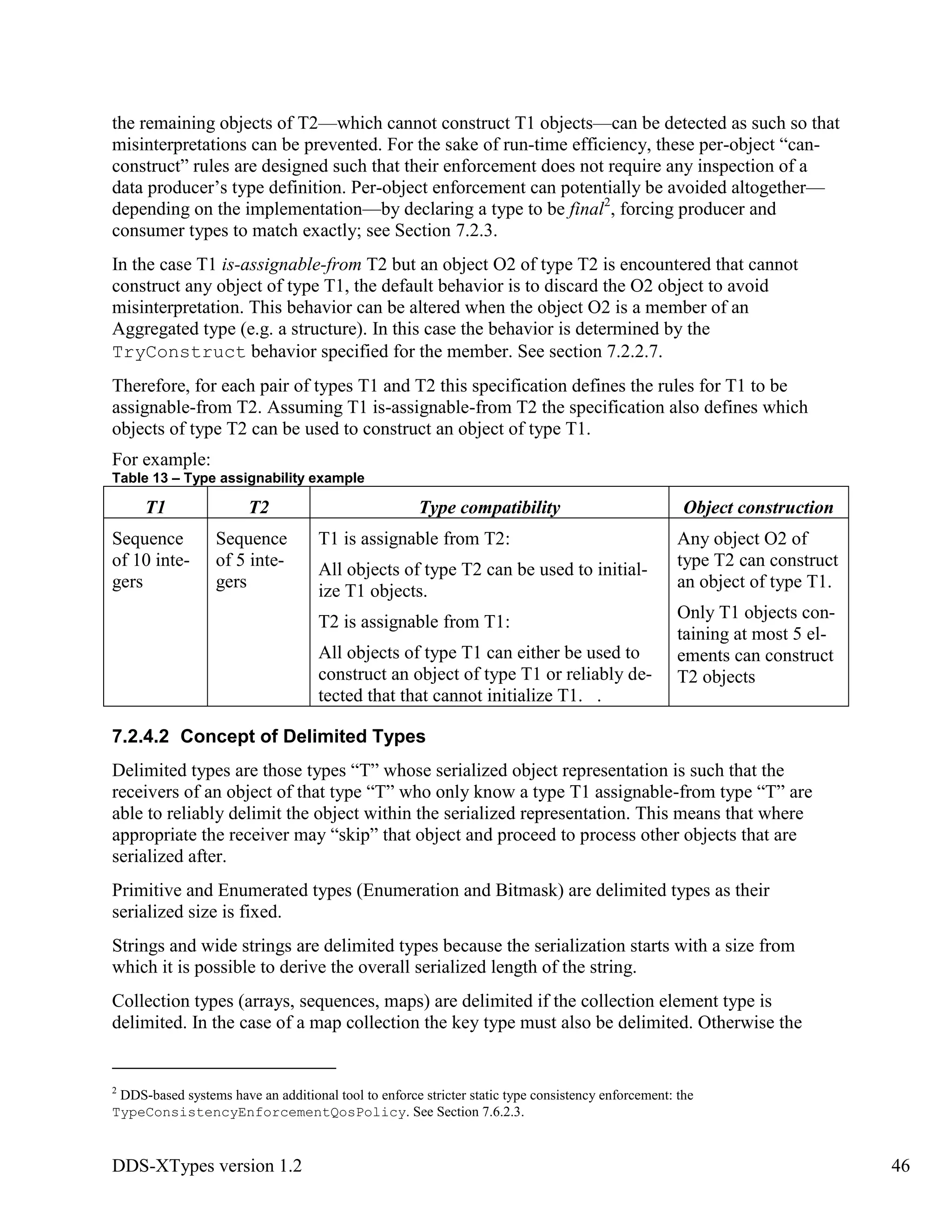 DDS-XTypes version 1.2 46
the remaining objects of T2—which cannot construct T1 objects—can be detected as such so that
misinterpretations can be prevented. For the sake of run-time efficiency, these per-object “can-
construct” rules are designed such that their enforcement does not require any inspection of a
data producer’s type definition. Per-object enforcement can potentially be avoided altogether—
depending on the implementation—by declaring a type to be final2
, forcing producer and
consumer types to match exactly; see Section 7.2.3.
In the case T1 is-assignable-from T2 but an object O2 of type T2 is encountered that cannot
construct any object of type T1, the default behavior is to discard the O2 object to avoid
misinterpretation. This behavior can be altered when the object O2 is a member of an
Aggregated type (e.g. a structure). In this case the behavior is determined by the
TryConstruct behavior specified for the member. See section 7.2.2.7.
Therefore, for each pair of types T1 and T2 this specification defines the rules for T1 to be
assignable-from T2. Assuming T1 is-assignable-from T2 the specification also defines which
objects of type T2 can be used to construct an object of type T1.
For example:
Table 13 – Type assignability example
T1 T2 Type compatibility Object construction
Sequence
of 10 inte-
gers
Sequence
of 5 inte-
gers
T1 is assignable from T2:
All objects of type T2 can be used to initial-
ize T1 objects.
T2 is assignable from T1:
All objects of type T1 can either be used to
construct an object of type T1 or reliably de-
tected that that cannot initialize T1. .
Any object O2 of
type T2 can construct
an object of type T1.
Only T1 objects con-
taining at most 5 el-
ements can construct
T2 objects
7.2.4.2 Concept of Delimited Types
Delimited types are those types “T” whose serialized object representation is such that the
receivers of an object of that type “T” who only know a type T1 assignable-from type “T” are
able to reliably delimit the object within the serialized representation. This means that where
appropriate the receiver may “skip” that object and proceed to process other objects that are
serialized after.
Primitive and Enumerated types (Enumeration and Bitmask) are delimited types as their
serialized size is fixed.
Strings and wide strings are delimited types because the serialization starts with a size from
which it is possible to derive the overall serialized length of the string.
Collection types (arrays, sequences, maps) are delimited if the collection element type is
delimited. In the case of a map collection the key type must also be delimited. Otherwise the
2
DDS-based systems have an additional tool to enforce stricter static type consistency enforcement: the
TypeConsistencyEnforcementQosPolicy. See Section 7.6.2.3.
 