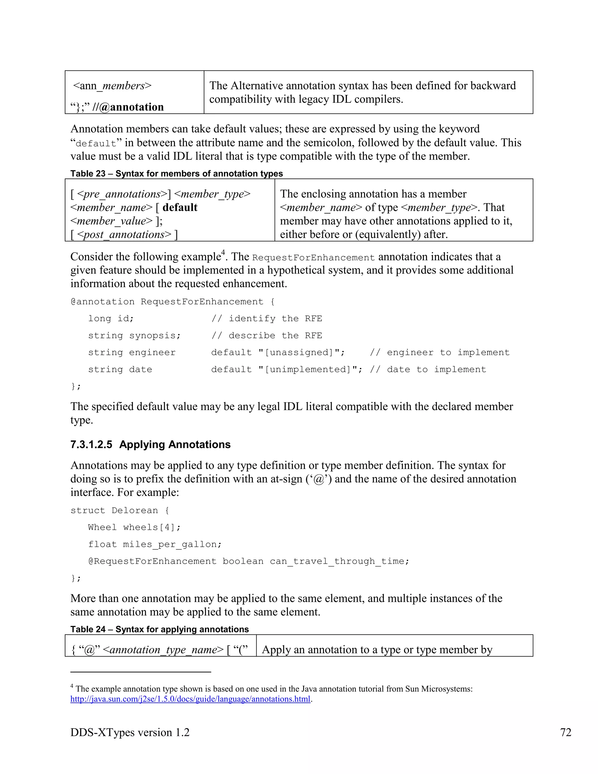 DDS-XTypes version 1.2 72
<ann_members>
“};” //@annotation
The Alternative annotation syntax has been defined for backward
compatibility with legacy IDL compilers.
Annotation members can take default values; these are expressed by using the keyword
“default” in between the attribute name and the semicolon, followed by the default value. This
value must be a valid IDL literal that is type compatible with the type of the member.
Table 23 – Syntax for members of annotation types
[ <pre_annotations>] <member_type>
<member_name> [ default
<member_value> ];
[ <post_annotations> ]
The enclosing annotation has a member
<member_name> of type <member_type>. That
member may have other annotations applied to it,
either before or (equivalently) after.
Consider the following example4
. The RequestForEnhancement annotation indicates that a
given feature should be implemented in a hypothetical system, and it provides some additional
information about the requested enhancement.
@annotation RequestForEnhancement {
long id; // identify the RFE
string synopsis; // describe the RFE
string engineer default "[unassigned]"; // engineer to implement
string date default "[unimplemented]"; // date to implement
};
The specified default value may be any legal IDL literal compatible with the declared member
type.
7.3.1.2.5 Applying Annotations
Annotations may be applied to any type definition or type member definition. The syntax for
doing so is to prefix the definition with an at-sign (‘@’) and the name of the desired annotation
interface. For example:
struct Delorean {
Wheel wheels[4];
float miles_per_gallon;
@RequestForEnhancement boolean can_travel_through_time;
};
More than one annotation may be applied to the same element, and multiple instances of the
same annotation may be applied to the same element.
Table 24 – Syntax for applying annotations
{ “@” <annotation_type_name> [ “(” Apply an annotation to a type or type member by
4
The example annotation type shown is based on one used in the Java annotation tutorial from Sun Microsystems:
http://java.sun.com/j2se/1.5.0/docs/guide/language/annotations.html.
 