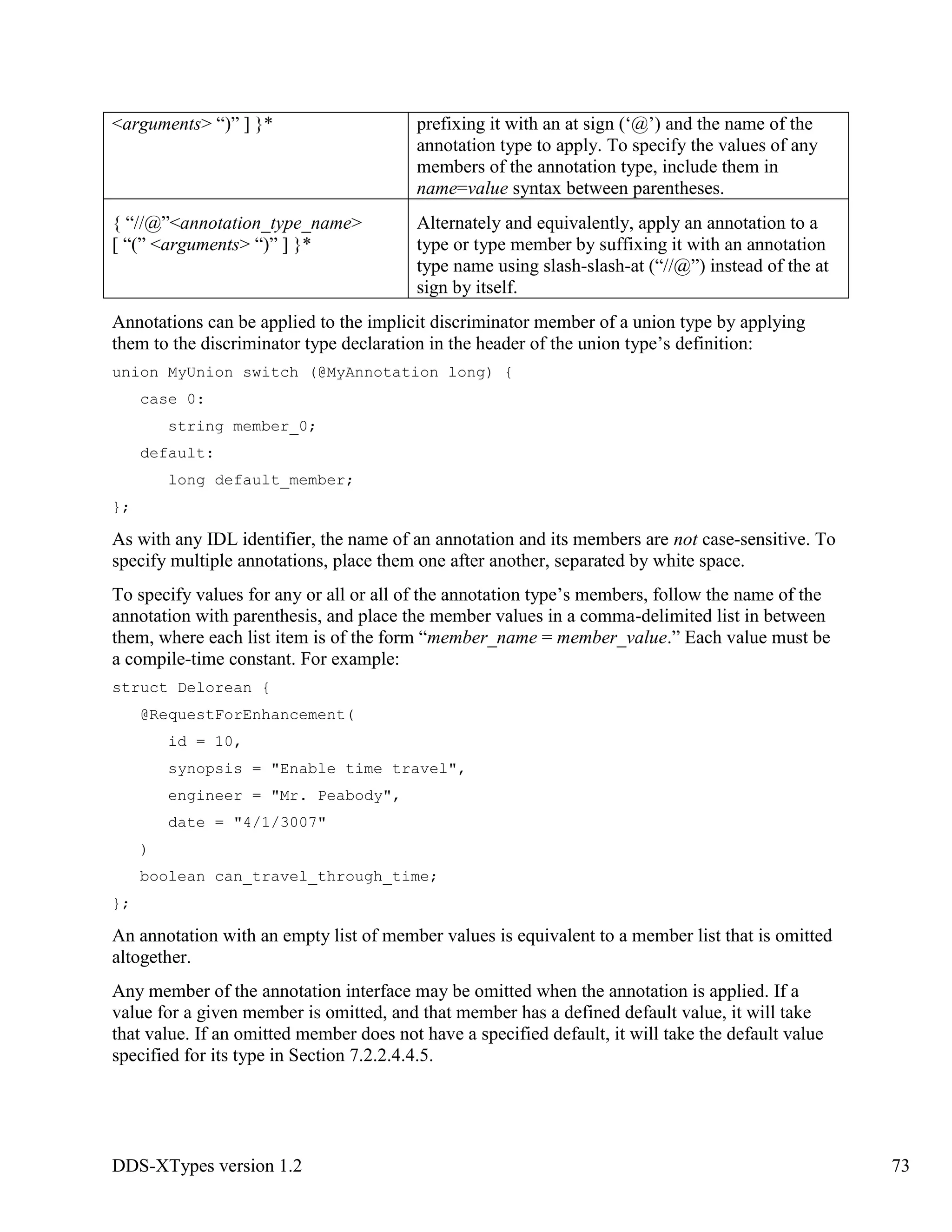 DDS-XTypes version 1.2 73
<arguments> “)” ] }* prefixing it with an at sign (‘@’) and the name of the
annotation type to apply. To specify the values of any
members of the annotation type, include them in
name=value syntax between parentheses.
{ “//@”<annotation_type_name>
[ “(” <arguments> “)” ] }*
Alternately and equivalently, apply an annotation to a
type or type member by suffixing it with an annotation
type name using slash-slash-at (“//@”) instead of the at
sign by itself.
Annotations can be applied to the implicit discriminator member of a union type by applying
them to the discriminator type declaration in the header of the union type’s definition:
union MyUnion switch (@MyAnnotation long) {
case 0:
string member_0;
default:
long default_member;
};
As with any IDL identifier, the name of an annotation and its members are not case-sensitive. To
specify multiple annotations, place them one after another, separated by white space.
To specify values for any or all or all of the annotation type’s members, follow the name of the
annotation with parenthesis, and place the member values in a comma-delimited list in between
them, where each list item is of the form “member_name = member_value.” Each value must be
a compile-time constant. For example:
struct Delorean {
@RequestForEnhancement(
id = 10,
synopsis = "Enable time travel",
engineer = "Mr. Peabody",
date = "4/1/3007"
)
boolean can_travel_through_time;
};
An annotation with an empty list of member values is equivalent to a member list that is omitted
altogether.
Any member of the annotation interface may be omitted when the annotation is applied. If a
value for a given member is omitted, and that member has a defined default value, it will take
that value. If an omitted member does not have a specified default, it will take the default value
specified for its type in Section 7.2.2.4.4.5.
 