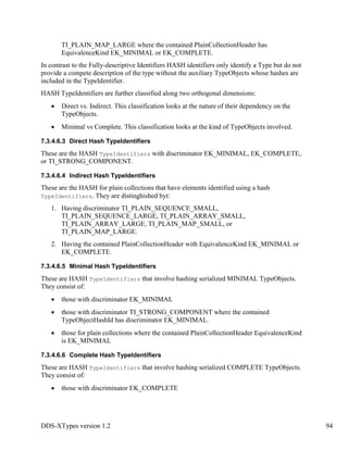 DDS-XTypes version 1.2 94
TI_PLAIN_MAP_LARGE where the contained PlainCollectionHeader has
EquivalenceKind EK_MINIMAL or EK_COMPLETE.
In contrast to the Fully-descriptive Identifiers HASH identifiers only identify a Type but do not
provide a compete description of the type without the auxiliary TypeObjects whose hashes are
included in the TypeIdentifier.
HASH TypeIdentifiers are further classified along two orthogonal dimensions:
Direct vs. Indirect. This classification looks at the nature of their dependency on the
TypeObjects.
Minimal vs Complete. This classification looks at the kind of TypeObjects involved.
7.3.4.6.3 Direct Hash TypeIdentifiers
These are the HASH TypeIdentifiers with discriminator EK_MINIMAL, EK_COMPLETE,
or TI_STRONG_COMPONENT.
7.3.4.6.4 Indirect Hash TypeIdentifiers
These are the HASH for plain collections that have elements identified using a hash
TypeIdentifiers. They are distinghished byt:
1. Having discriminator TI_PLAIN_SEQUENCE_SMALL,
TI_PLAIN_SEQUENCE_LARGE, TI_PLAIN_ARRAY_SMALL,
TI_PLAIN_ARRAY_LARGE, TI_PLAIN_MAP_SMALL, or
TI_PLAIN_MAP_LARGE.
2. Having the contained PlainCollectionHeader with EquivalenceKind EK_MINIMAL or
EK_COMPLETE.
7.3.4.6.5 Minimal Hash TypeIdentifiers
These are HASH TypeIdentifiers that involve hashing serialized MINIMAL TypeObjects.
They consist of:
those with discriminator EK_MINIMAL
those with discriminator TI_STRONG_COMPONENT where the contained
TypeObjectHashId has discriminator EK_MINIMAL.
those for plain collections where the contained PlainCollectionHeader EquivalenceKind
is EK_MINIMAL
7.3.4.6.6 Complete Hash TypeIdentifiers
These are HASH TypeIdentifiers that involve hashing serialized COMPLETE TypeObjects.
They consist of:
those with discriminator EK_COMPLETE
 