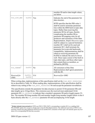 DDS-XTypes version 1.2 107
member ID and/or data length values;
see below
PID_LIST_END 0x3F02 Yes Indicates the end of the parameter list
data structure.
RTPS specifies that the PID value 1
shall be used to terminate parameter
lists within the DDS built-in topic data
types. Rather than reserving this
parameter ID for all types, thereby
complicating the member ID-to-
parameter ID mapping rules for all
producers and consumers of this Data
Representation, Simple Discovery types
shall be subject to a special limitation:
member ID 1 shall not be used and
parameter ID 1 shall terminate the
parameter list to provide backwards
compatibility. Implementations shall be
robust to receiving parameter ID
0x3F02 to indicate the end of a list as
well. These types consist of the built-in
topic data types, and those other types
that contain them as members, as
defined by [RTPS].
PID_IGNORE
5 0x3F03 No All consumers of this Data
Representation shall ignore parameters
with this ID.
Reserved for
OMG
0x3F04-
0x3FFF
N/A Reserved for OMG
When writing data, implementations of this specification shall set the FLAG_MUST_UNDERSTAND
bit as described in Table 34. When reading data, implementations of this specification shall be
robust to any setting of the FLAG_MUST_UNDERSTAND bit and accept the parameter nevertheless.
This specification extends the parameter list data structure to permit 32-bit parameter IDs and
data lengths up to 4 Giga-Bytes. This extension uses the reserved must-understand 16-bit
parameter ID PID_EXTENDED to indicate that a member's parameter ID and/or length require 32-
bits. The member ID (long member ID) and member length (long member length) follow in the 8
bytes directly after the PID_EXTENDED parameter ID and accompanying 16-bit length.
5
Design rationale (non-normative): RTPS uses PID 0 (“PID_PAD”), corresponding to member ID 0, as a padding field.
PID_IGNORE applies this concept to all data types using this Data Representation. The additional reservation of PID 0 is not
necessary: because the types defined by RTPS do not use member ID 0, consumers of those types will naturally ignore any inci-
dence of its corresponding PID that they encounter.
 