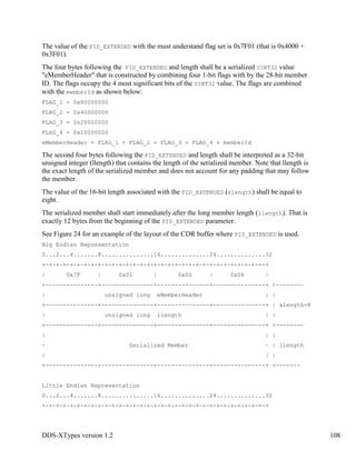 DDS-XTypes version 1.2 108
The value of the PID_EXTENDED with the must understand flag set is 0x7F01 (that is 0x4000 +
0x3F01).
The four bytes following the PID_EXTENDED and length shall be a serialized UINT32 value
"eMemberHeader" that is constructed by combining four 1-bit flags with by the 28-bit member
ID. The flags occupy the 4 most significant bits of the UINT32 value. The flags are combined
with the memberId as shown below:
FLAG_1 = 0x80000000
FLAG_2 = 0x40000000
FLAG_3 = 0x20000000
FLAG_4 = 0x10000000
eMemberHeader = FLAG_1 + FLAG_2 + FLAG_3 + FLAG_4 + memberId
The second four bytes following the PID_EXTENDED and length shall be interpreted as a 32-bit
unsigned integer (llength) that contains the length of the serialized member. Note that llength is
the exact length of the serialized member and does not account for any padding that may follow
the member.
The value of the 16-bit length associated with the PID_EXTENDED (slength) shall be equal to
eight.
The serialized member shall start immediately after the long member length (llength). That is
exactly 12 bytes from the beginning of the PID_EXTENDED parameter.
See Figure 24 for an example of the layout of the CDR buffer where PID_EXTENDED is used.
Big Endian Representation
0...2...4.......8...............16..............24..............32
+-+-+-+-+-+-+-+-+-+-+-+-+-+-+-+-+-+-+-+-+-+-+-+-+-+-+-+-+-+-+-+-+
| 0x7F | 0x01 | 0x00 | 0x08 |
+---------------+---------------+---------------+---------------+ <--------
| unsigned long eMemberHeader | |
+---------------+---------------+---------------+---------------+ | slength=8
| unsigned long llength | |
+---------------+---------------+---------------+---------------+ <--------
| | |
~ Serialized Member ~ | llength
| | |
+---------------+---------------+---------------+---------------+ <-------
Little Endian Representation
0...2...4.......8...............16..............24..............32
+-+-+-+-+-+-+-+-+-+-+-+-+-+-+-+-+-+-+-+-+-+-+-+-+-+-+-+-+-+-+-+-+
 