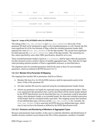 DDS-XTypes version 1.2 109
| 0x01 | 0x7F | 0x08 | 0x00 |
+---------------+---------------+---------------+---------------+ <--------
| unsigned long eMemberHeader | |
+---------------+---------------+---------------+---------------+ | slength=8
| unsigned long llength | |
+---------------+---------------+---------------+---------------+ <--------
| | |
~ Serialized Member ~ | llength
| | |
+---------------+---------------+---------------+---------------+ <-------
Figure 24 – Usage of PID_EXTENDED within the CDR Buffer
The setting of the FLAG_IMPL_EXTENSION and FLAG_MUST_UNDERSTAND bits in the 16-bit
parameter ID shall not be interpreted to apply to the extended parameter as well. Instead, the first
most-significant bit of the four-bitmask of flags within the extended parameter header shall
represent the value of FLAG_IMPL_EXTENSION for the data member. The second most-significant
bit shall represent the FLAG_MUST_UNDERSTAND value of the data member. The remaining two
bits, unless specified by some other OMG specification, should be set to zero.
These extended parameter headers, based on PID_EXTENDED, shall be legal within the parameter
list data structures used to serialize objects of mutable aggregated types. They shall also be legal
when preceding optional members of final or appendable structures, as described above.
The alignment rules for extended parameters shall be the same as those for non-extended
parameters, which are defined in [RTPS] Section 9.4.2.11.
7.4.1.2.2 Member ID-to-Parameter ID Mapping
The mapping from member IDs to parameters shall be as follows:
Member IDs from 0 to 16,128 (0x3F00) inclusive shall be represented exactly in the
lower 14 bits of the parameter ID.
All other member IDs must be expressed using the extended parameter header format.
Almost any parameter can legally be expressed using extended parameter headers. There
is no requirement that parameters that could be described with the shorter header defined
by the RTPS Specification must be described that way; if a parameter could be described
using a short parameter header or an extended header, the short and extended expressions
of that header shall be considered totally equivalent. This mapping ensures that members
of user-defined data types will never set the FLAG_IMPL_EXTENSION bit. Currently, the
FLAG_IMPL_EXTENSION bit is used only for RTPS discovery-defined data types, which
may or may not have the bitmask as defined by the RTPS Specification itself.
7.4.1.2.3 Omission and Reordering of Members of Aggregated Types
Because each parameter (type member, in this case) is explicitly identified, and identification of
mutable structure members occurs based on the IDs of those parameters, members of mutable
 